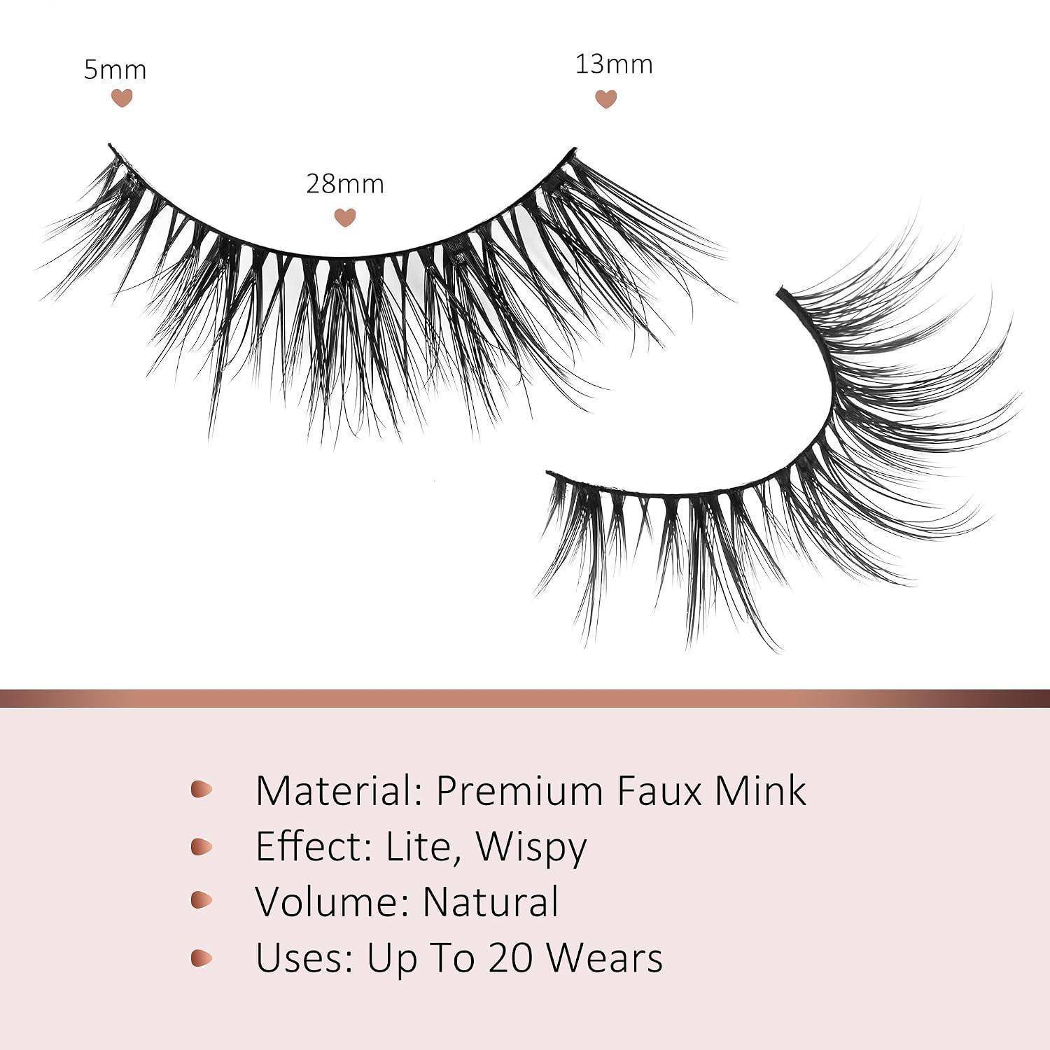 Bild von zwei Paar künstlichen Wimpern mit den Bezeichnungen 5mm, 13mm und 28mm, mit Text, der Material, Effekt, Volumen und bis zu 20 Trageeinheiten auflistet.