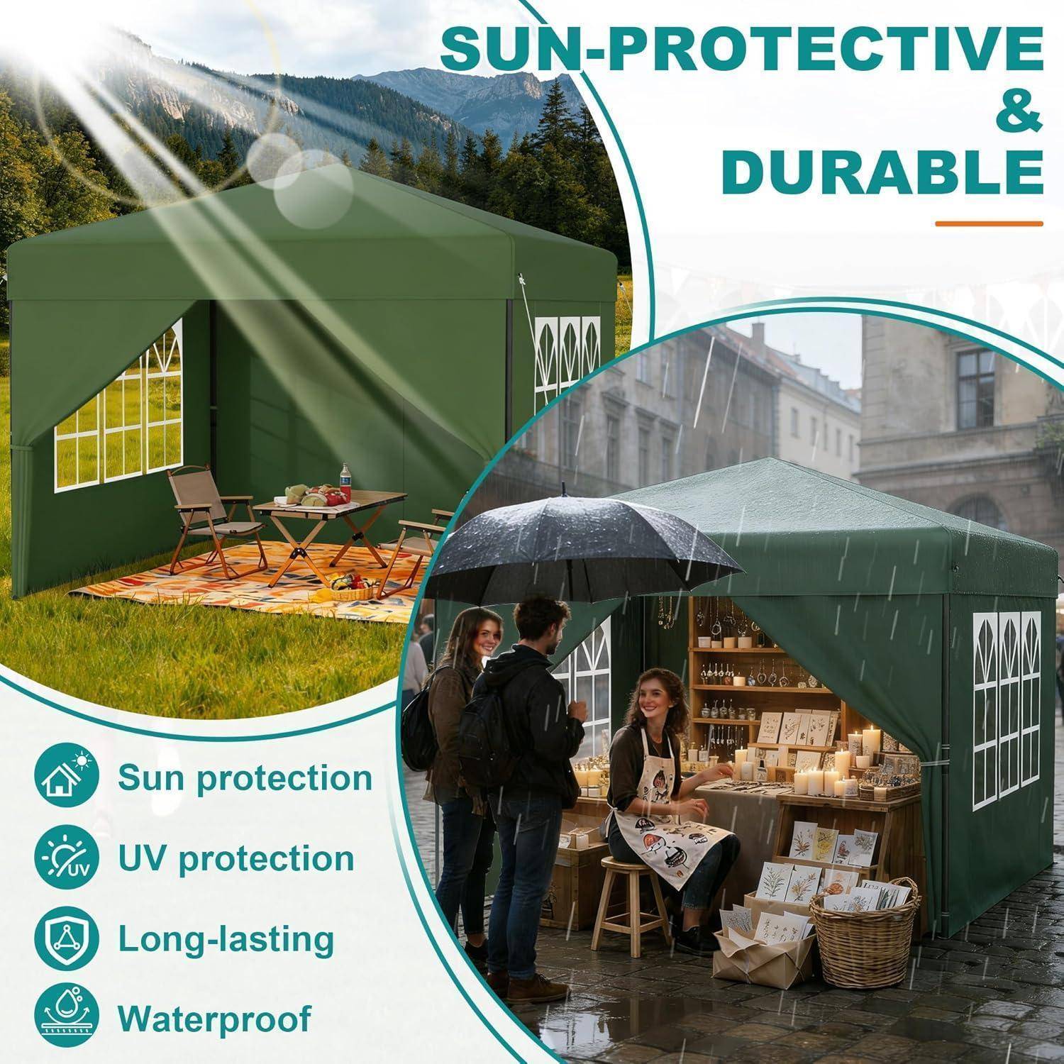 Werbegrafik eines grünen outdoor Pavillonzelts zum Schutz vor Sonne und Regen mit der Kennzeichnung „SONNENSCHUTZ & LANGLEBIG" mit folgenden Eigenschaften: Sonnenschutz, UV-Schutz, Langlebig, Wasserdicht.