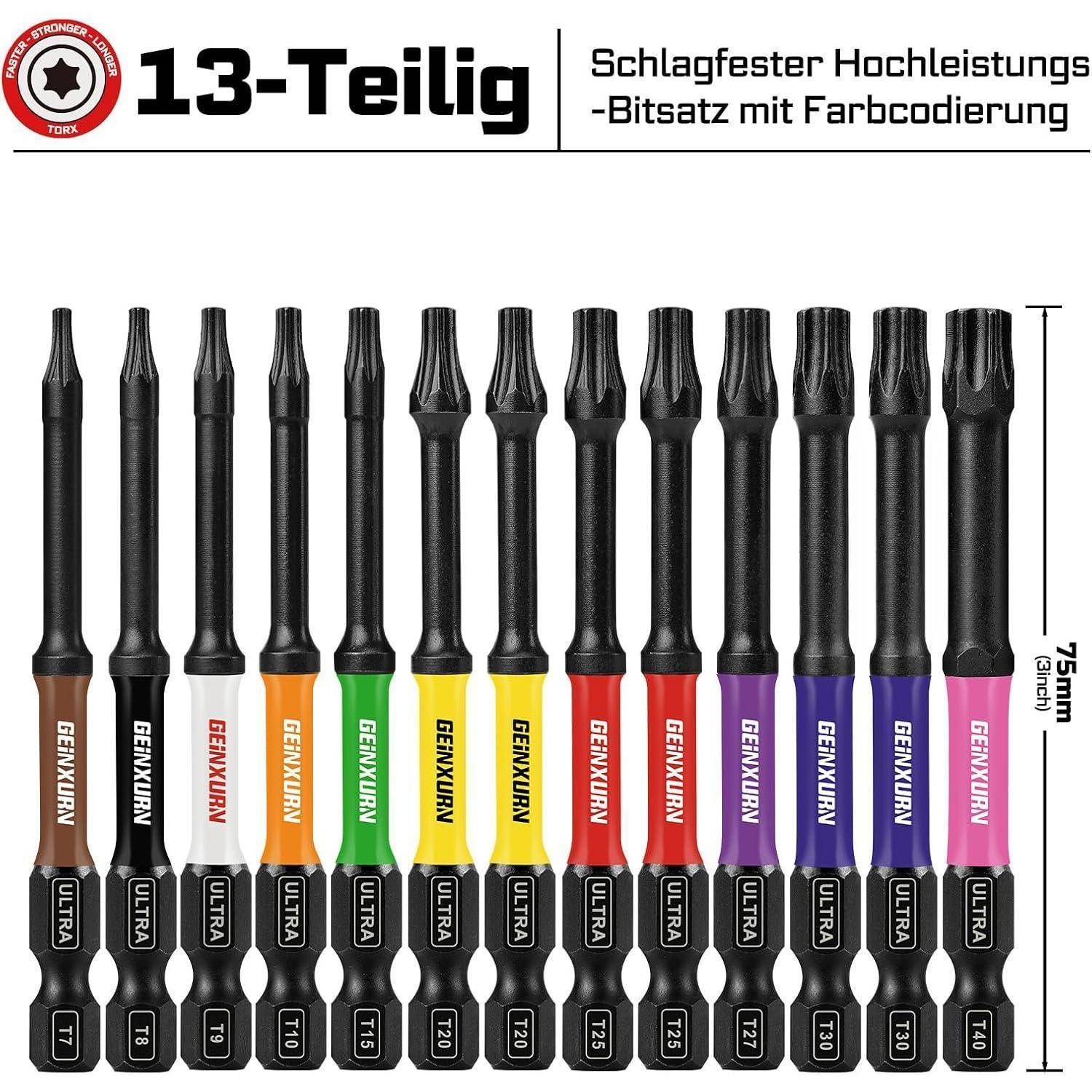 13-teiliger Schlagschrauber-Bit-Satz mit Farbcodierung, gezeigt in Größen von T7 bis T40 und 75 mm Länge.