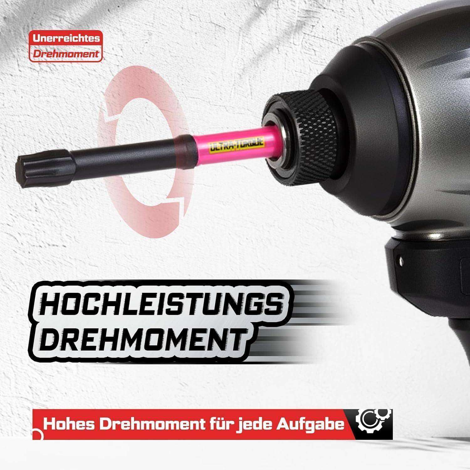 # Werbeanzeige für eine kabellose Bohrmaschine, die einen Bohrer antreibt, mit deutschem Text zur Bewerbung von 