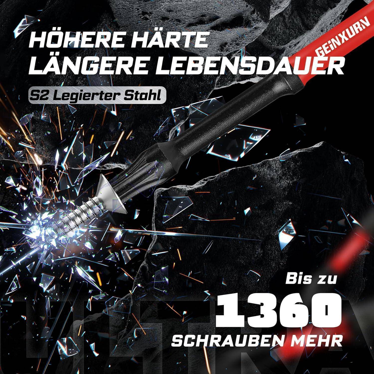 Werbegrafik eines Bohrmeißels, der Gestein zerschmettert, mit deutschem Text, der höhere Härte, längere Lebensdauer, S2-Stahl und bis zu 1360 mehr Schrauben bewirbt.