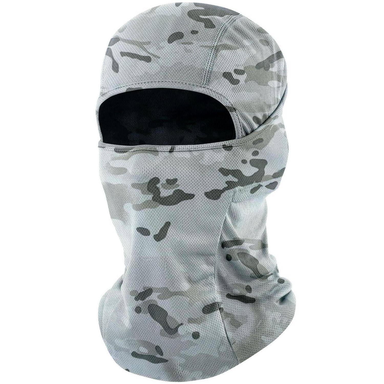 Graue Tarnung-Sturmhaube mit Gesichtsmaske und vollständiger Kopf- und Nackenabdeckung, wobei nur die Augen freigelegt sind.