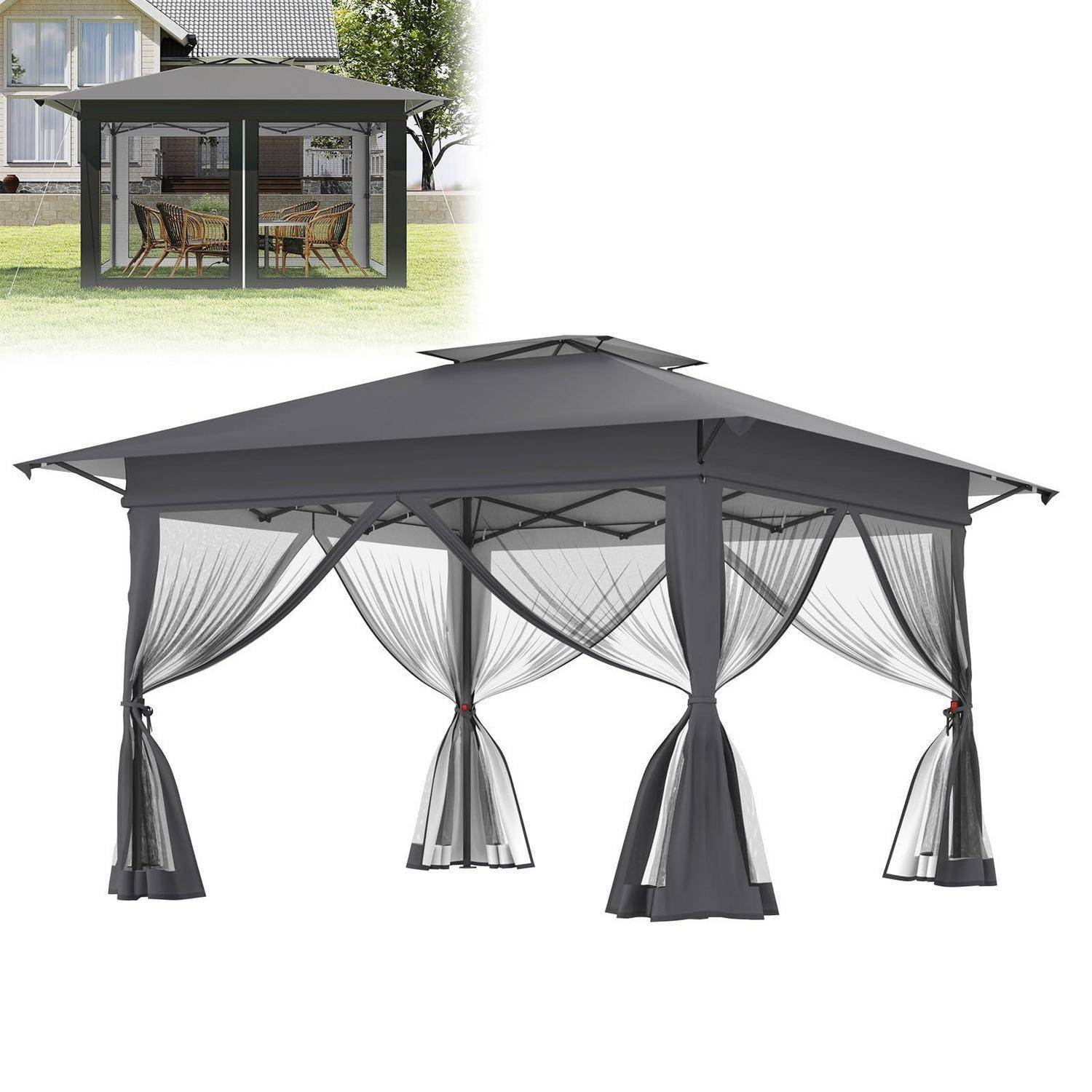 Outdoor-Pavillon-Baldachin mit grauem Dach und durchsichtigen Vorhängen, gezeigt mit einer kleinen Einfügung des im Garten installierten Pavillons.