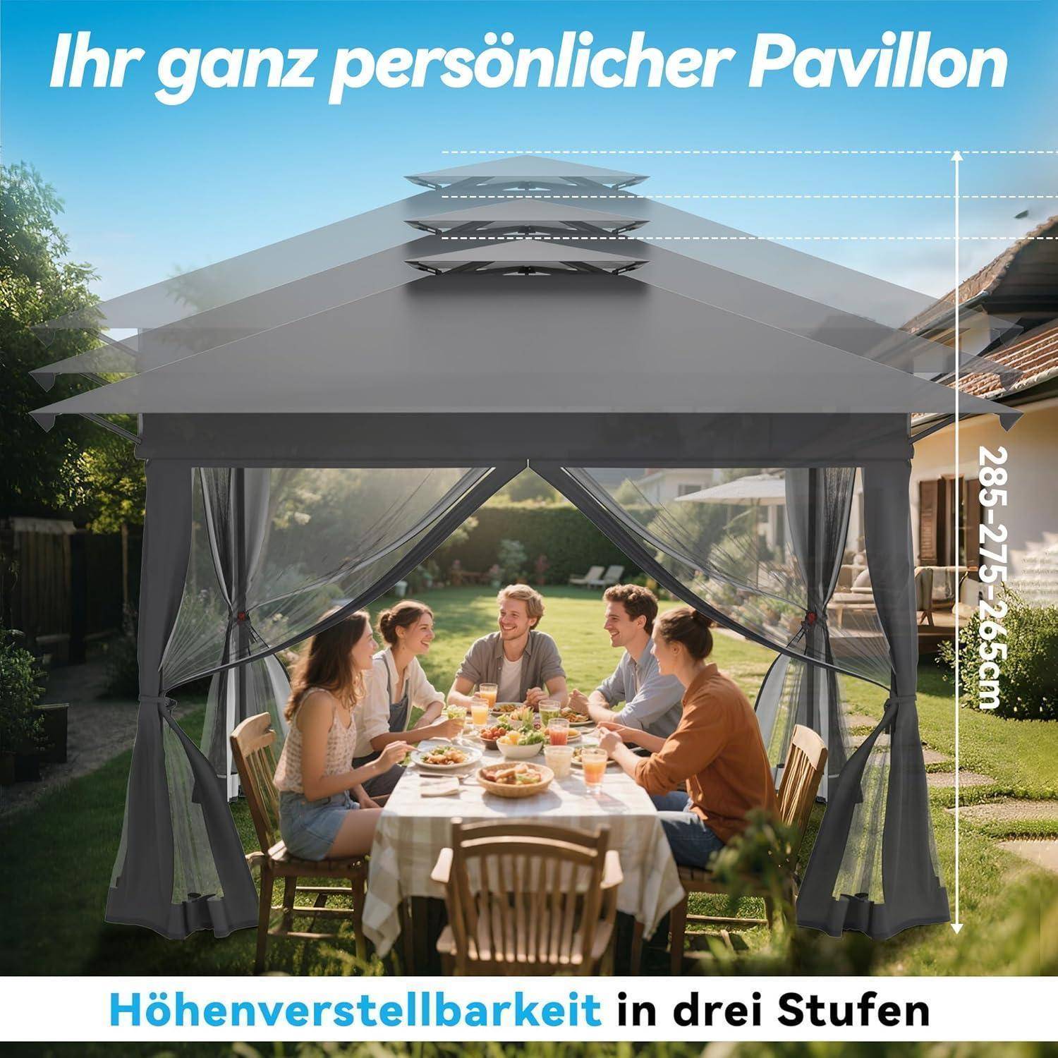 Werbebilder eines grauen Pavillons mit verstellbarer Höhe in drei Ebenen, auf dem Menschen beim Essen im Inneren zu sehen sind; der Text lautet „Ihr ganz persönlicher Pavillon" und „Höhenverstellbarkeit in drei Stufen"".