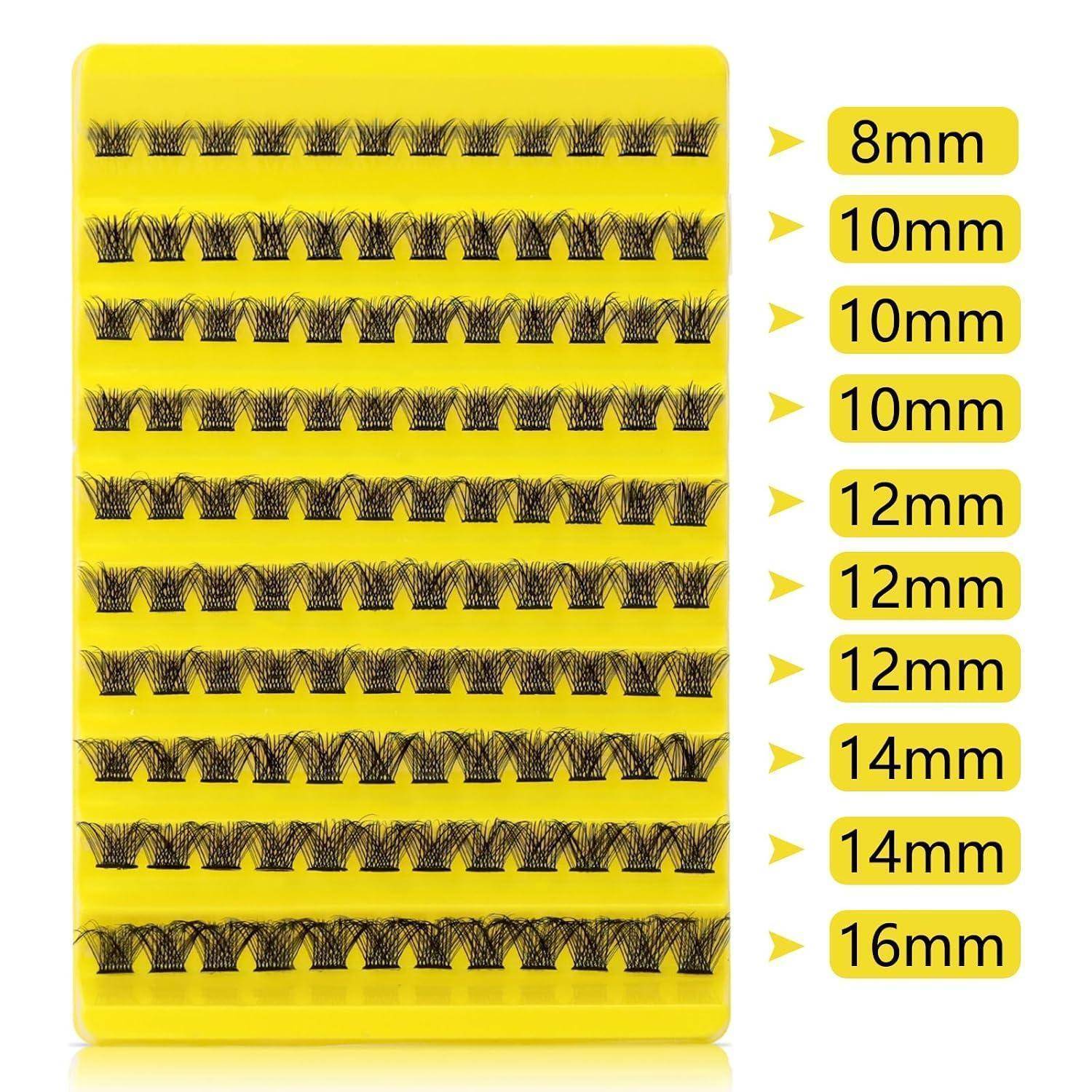 Gelbe Anzeigetafel mit Reihen von künstlichen Wimpern in Größen mit den Beschriftungen 8mm, 10mm, 12mm, 14mm und 16mm.