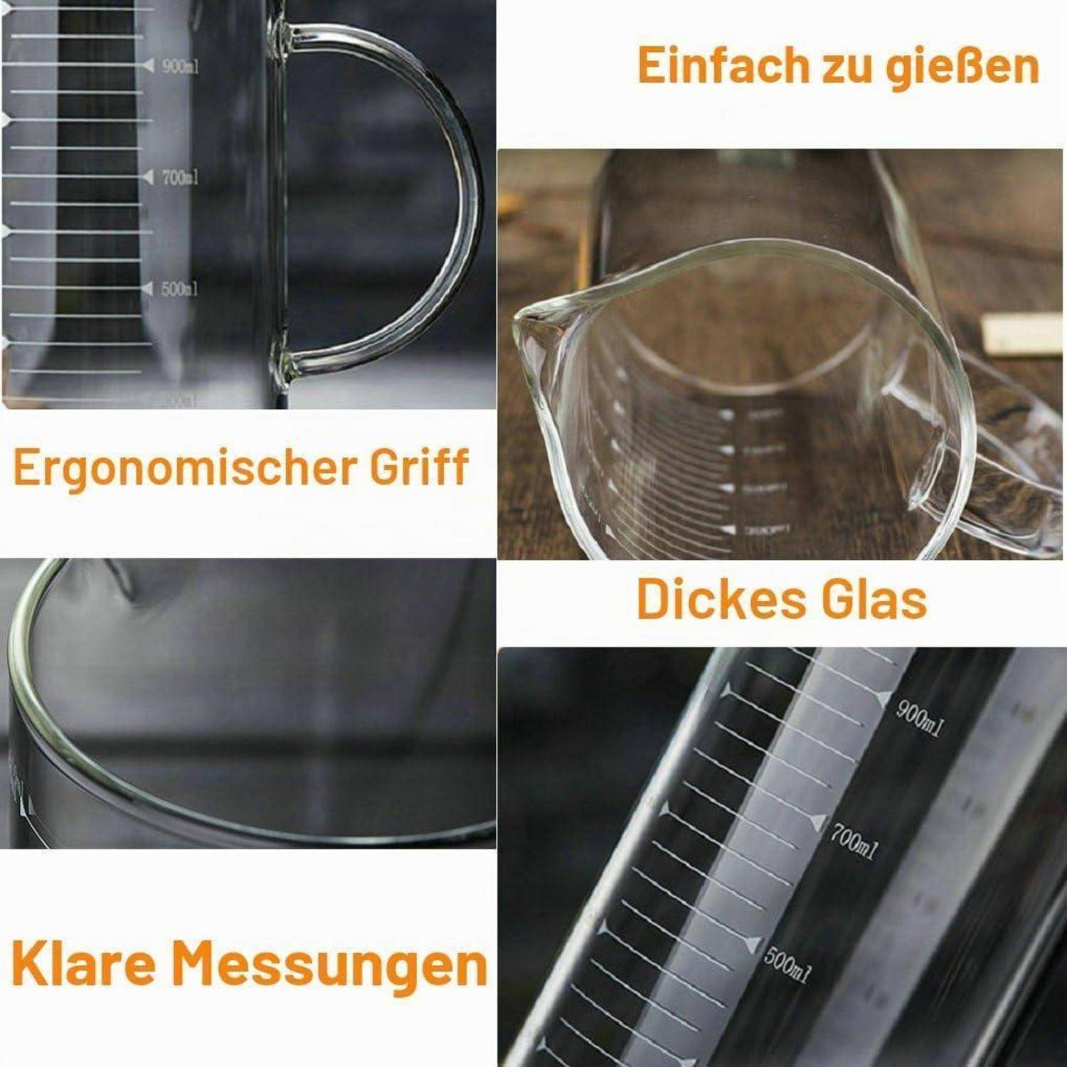 Collage eines Glaskrugs mit Markierungen, der einen ergonomischen Griff, eine leichte Ausgussöffnung, dickes Glas und klare Messskalen hervorhebt.