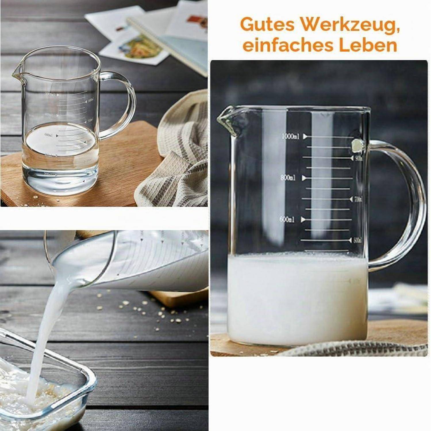 Collage zeigt einen klaren Glaskrug mit Griff und Ausguss, der zum Eingießen von Milch in einen Behälter verwendet wird; deutscher Text lautet „Gutes Werkzeug, einfaches Leben