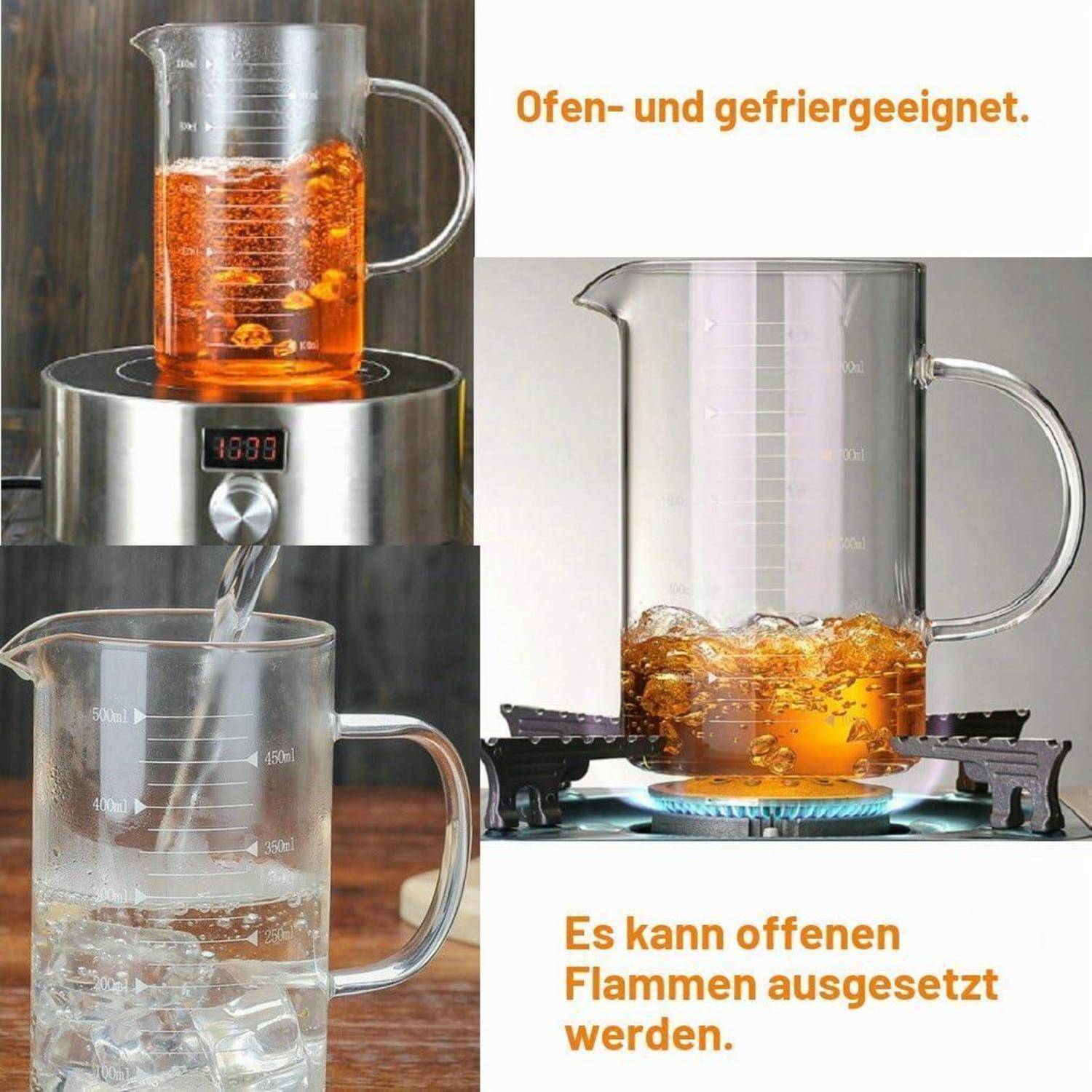 # Glaskrug zum Messen, der auf einem Herd und in einem Gefrierschrank gezeigt wird, mit deutschem Text, der besagt, dass er ofen- und gefriersicher ist und offener Flamme ausgesetzt werden kann.