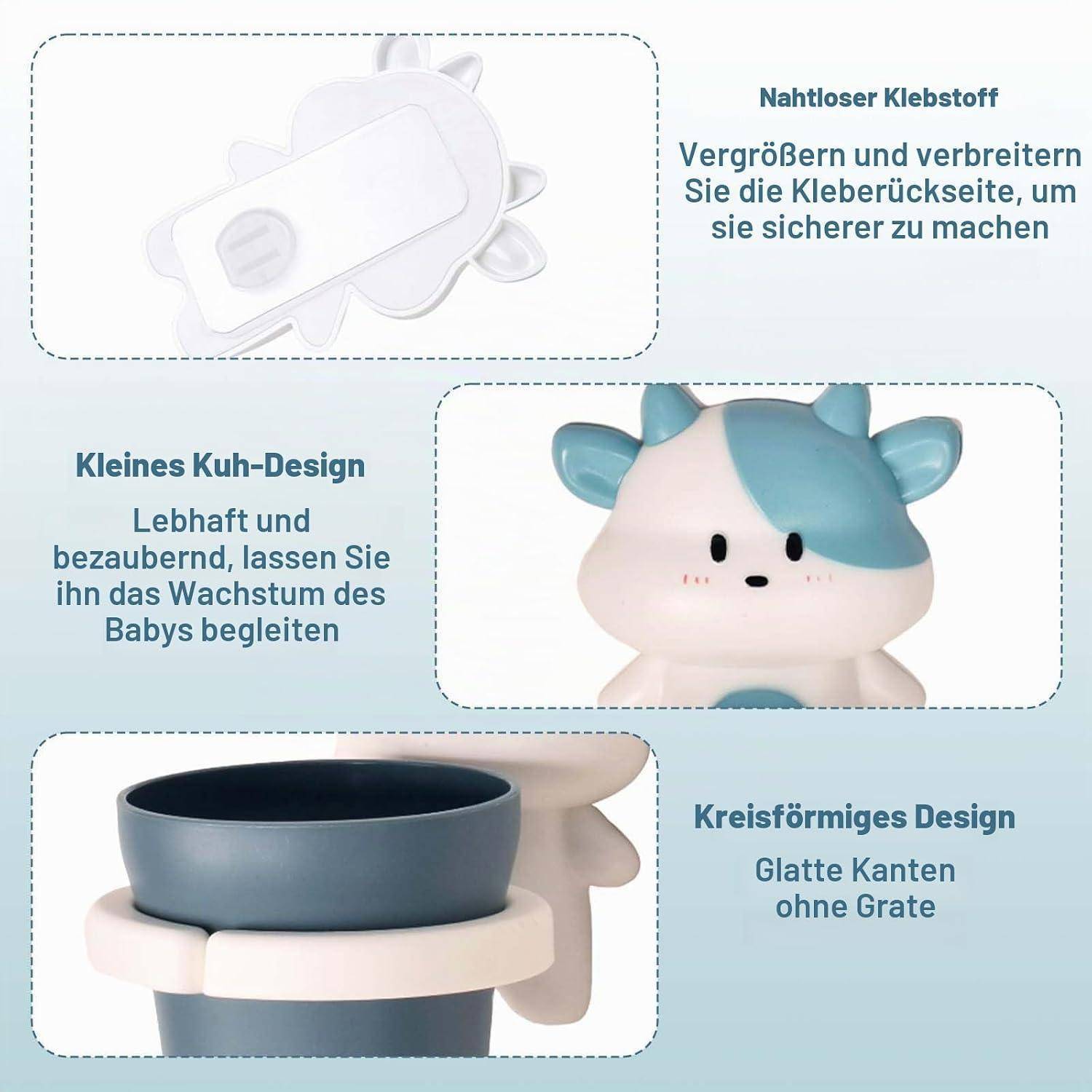 Produktinfografik zeigt einen niedlichen, kuhhförmigen Babybecher-Halter mit vergrößerter Klebstoff-Rückseite, kleinem Kuhdesign und glattem abgerundetem Kanten.