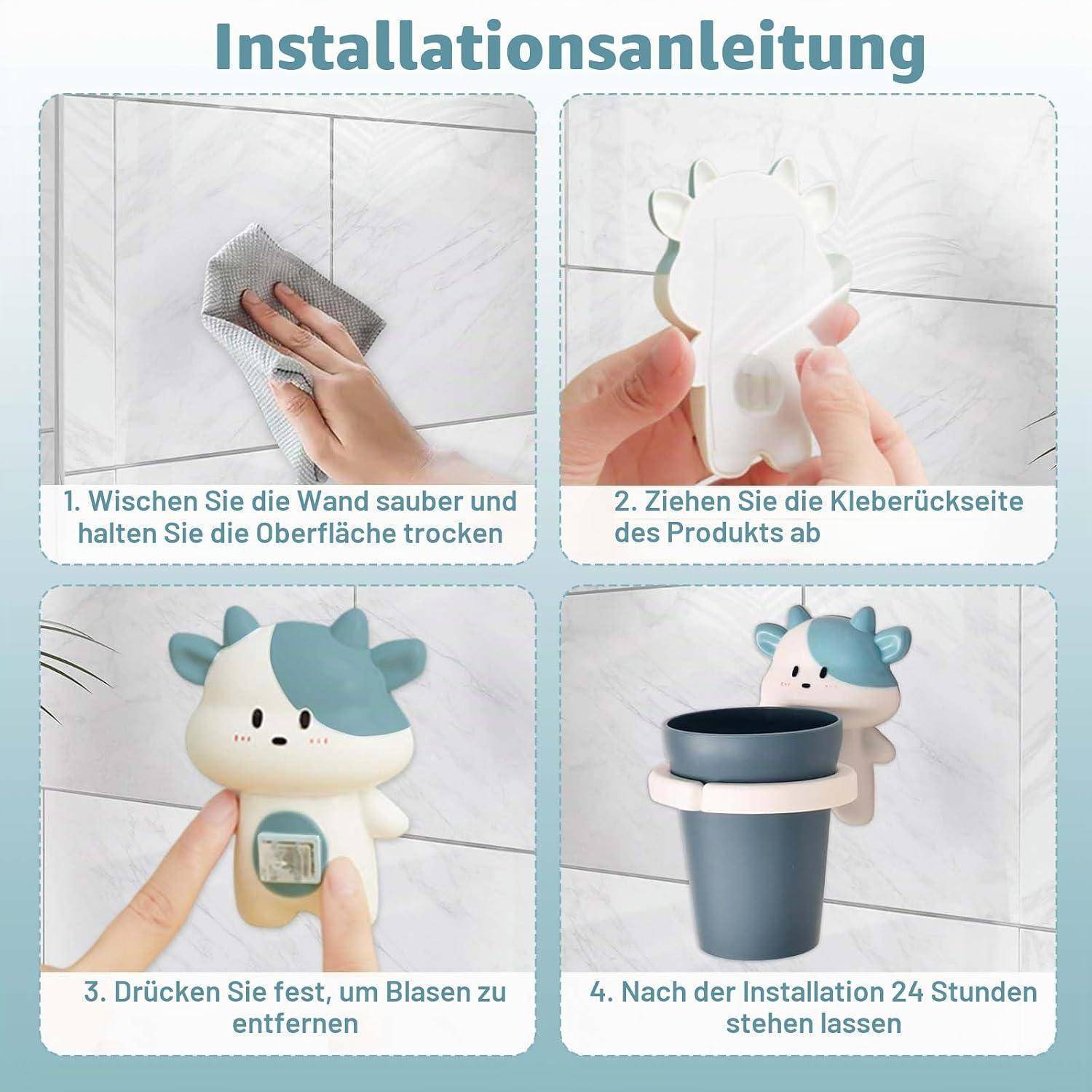 Installationsanleitung für eine wandmontierte Halterung: Reinigen und trocknen Sie die Wand, entfernen Sie die Schutzfolie der Klebeschicht, drücken Sie fest, um Luftblasen zu entfernen, und warten Sie 24 Stunden vor der Verwendung.