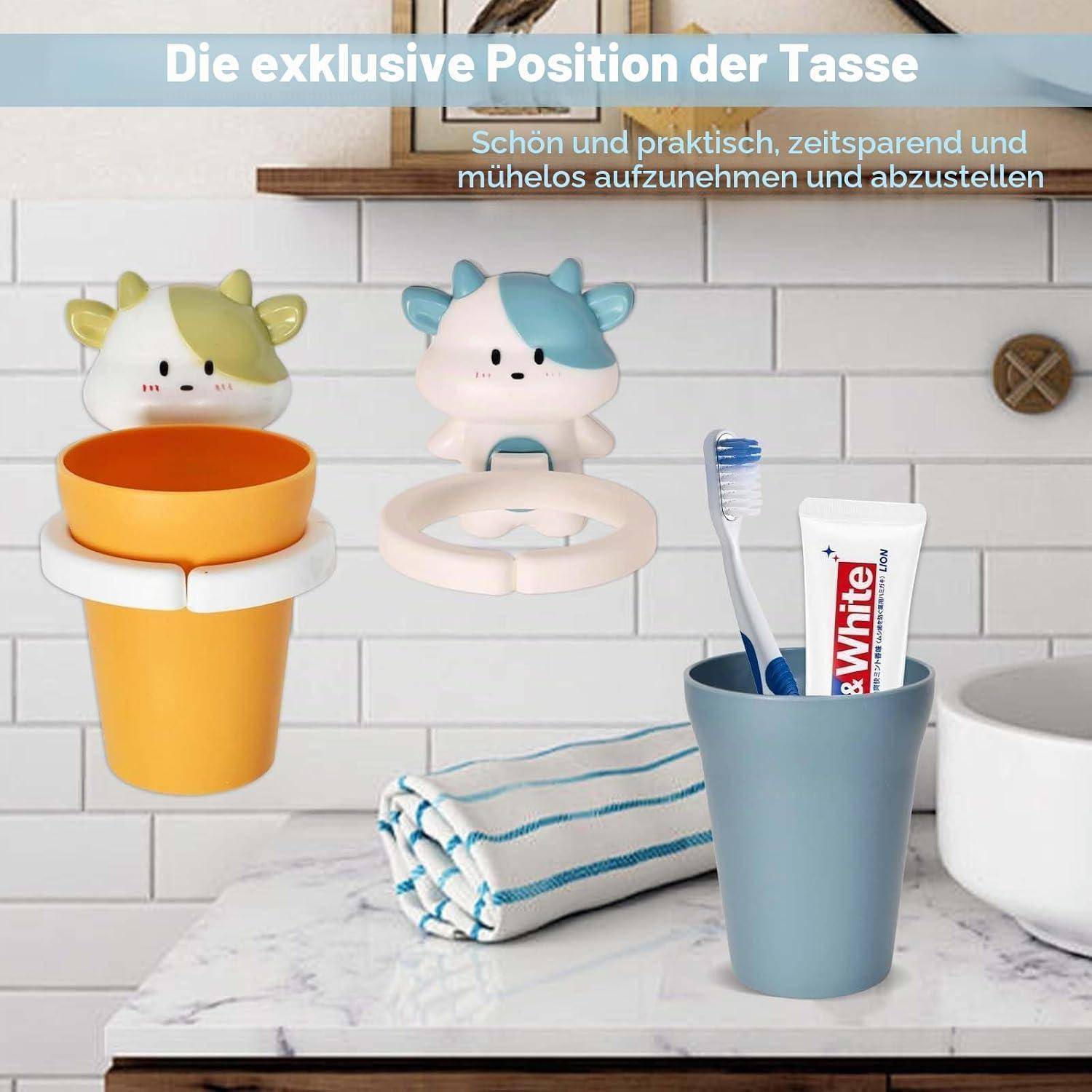 Badezimmer-Wandorganizer mit niedlichen Tierhaltern für Tassen und Zahnbürsten; Der deutsche Text bewirbt eine praktische Möglichkeit, Gegenstände zu lagern und griffbereit zu halten.