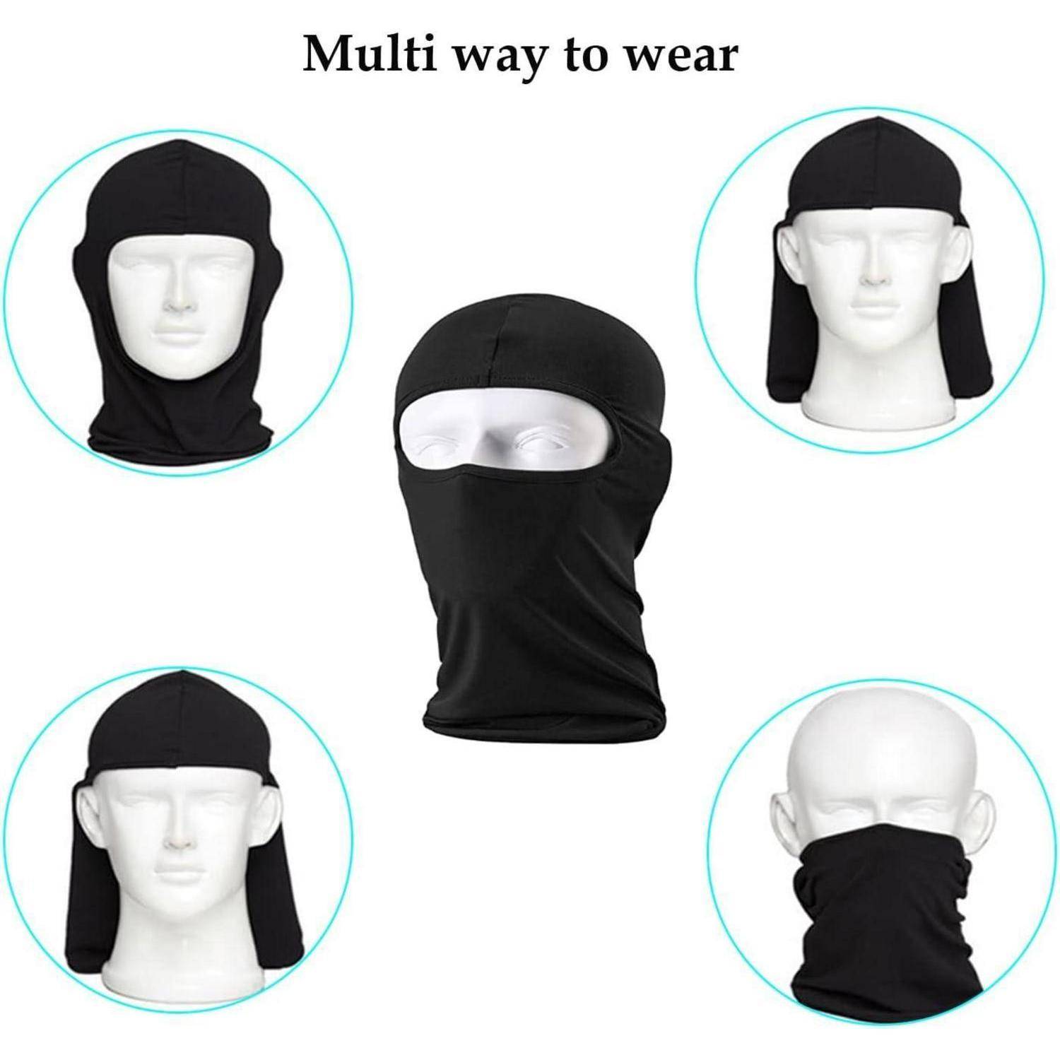 Illustration einer schwarzen Multiway-Sturmhaube, die auf einer Schneiderpuppe in vier Stilen getragen wird, mit dem Titel „Multi way to wear" oben.