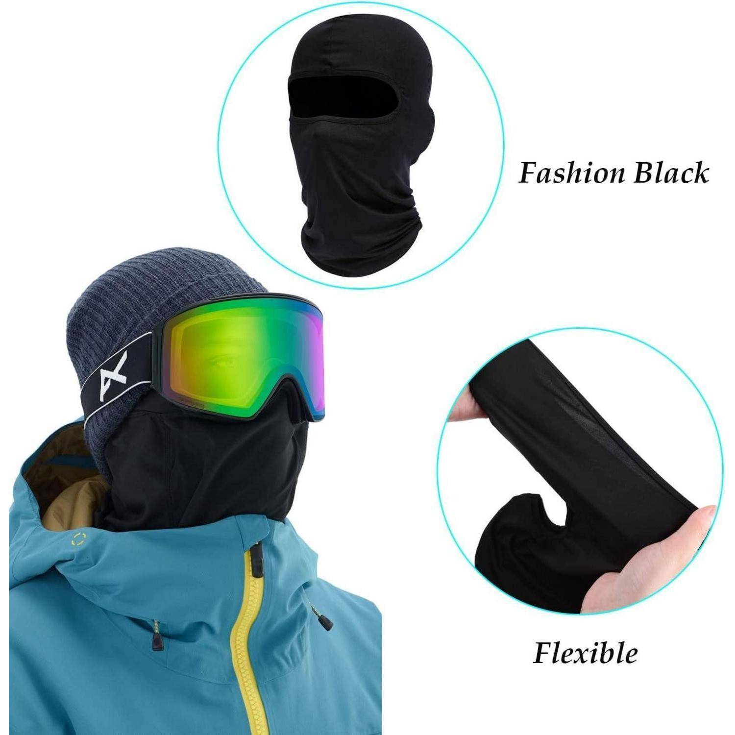Skipulli und Halsschlauch in Schwarz dargestellt, getragen unter Skibrille und Beanie; Ausschnittansichten zeigen das Design „Fashion Black" und das flexible Material.