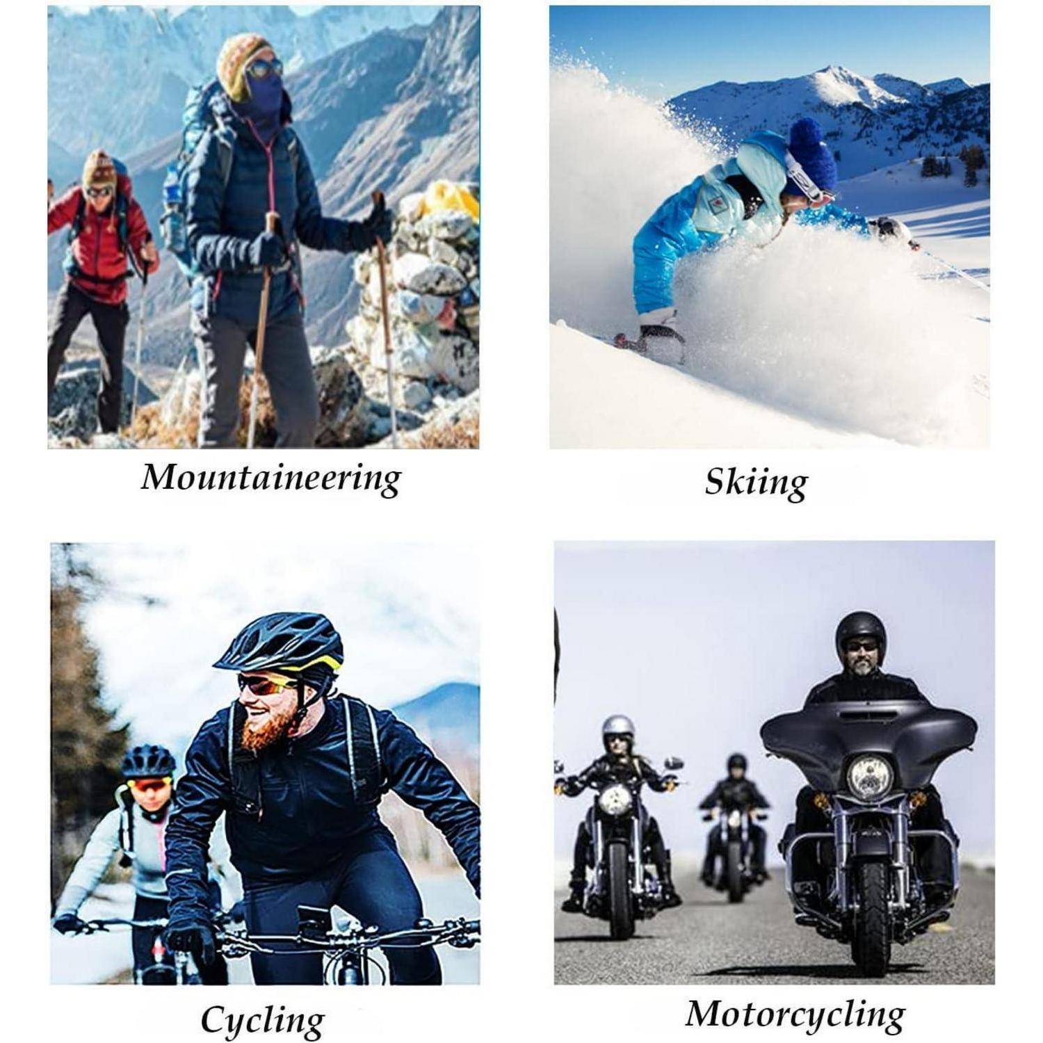 Vier Outdoor-Actionfotos mit den Bezeichnungen Bergsteigen, Skifahren, Radfahren und Motorradfahren, die Personen bei jedem Sport in verschneiten Berglandschaften zeigen.