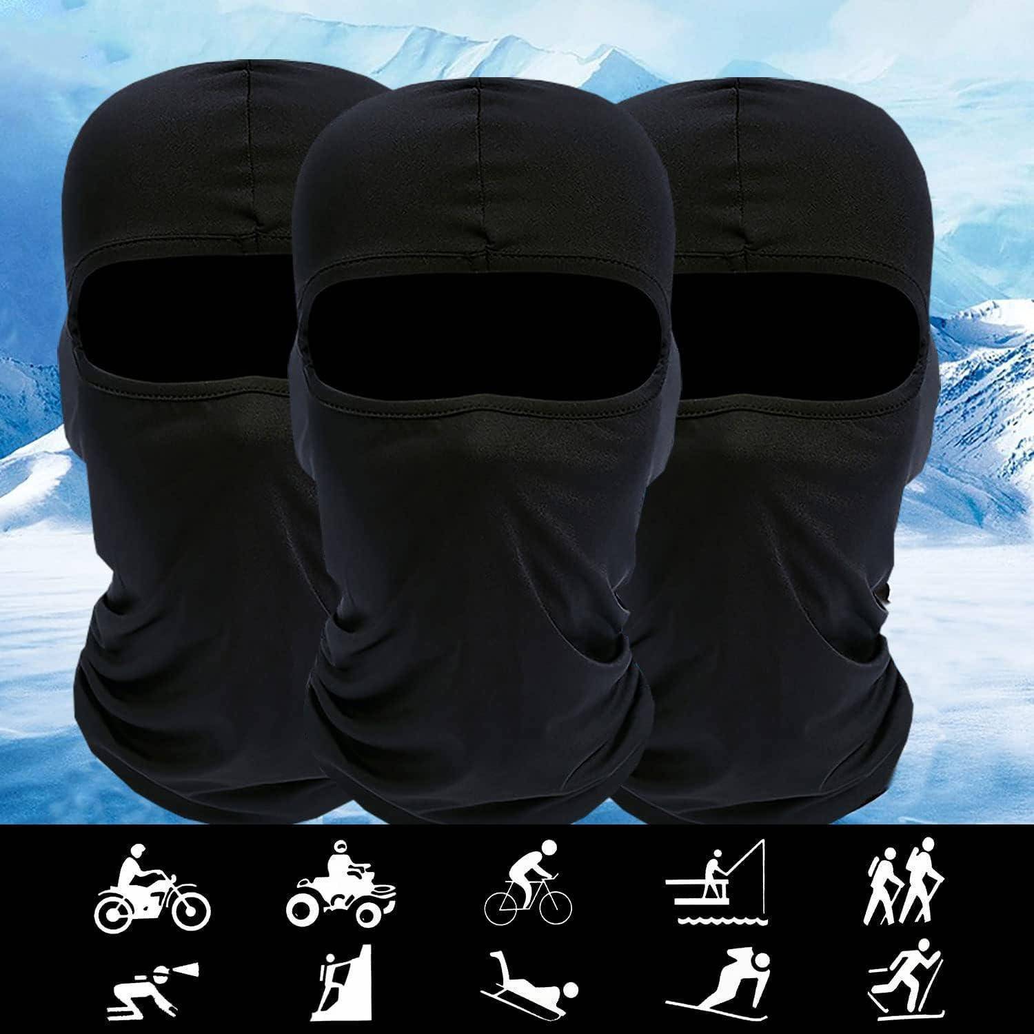 Drei schwarze Skimasken mit Gesichtsabdeckung und Öffnungen für die Augen, gezeigt vor einem schneebedeckten Berghintergrund; Symbole darunter zeigen die Verwendung für Outdoor-Sportarten.