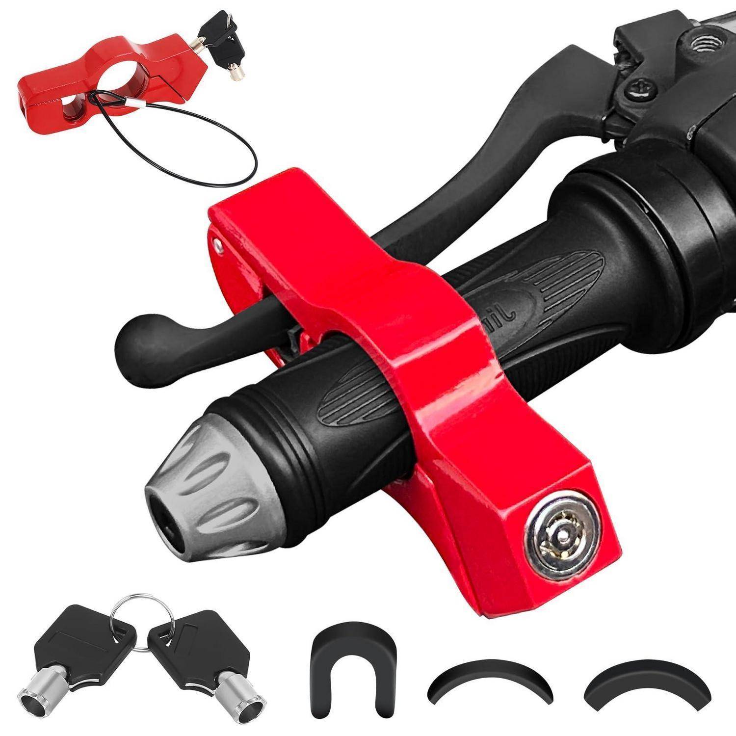 Motorradlenker-Drosselklappensperrung mit roter Klammer und Schlüsseln, gezeigt mit austauschbaren schwarzen Abstandshaltern/Zubehörteilen auf weißem Hintergrund.
