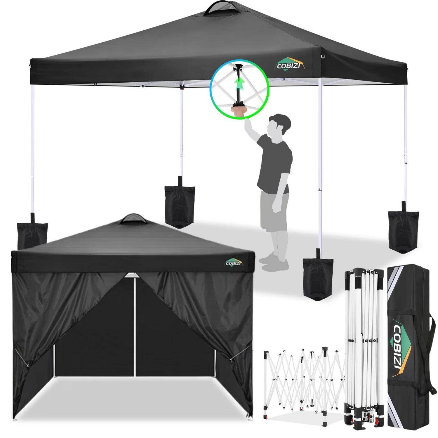 Pop-up Pavillon-Zelt abgebildet in zusammengebautem und zusammengeklapptem Zustand, mit beschwerten Beinen, Teleskopgestell und Transporttasche; die Vergrößerung zeigt ein Verschlussgelenk.