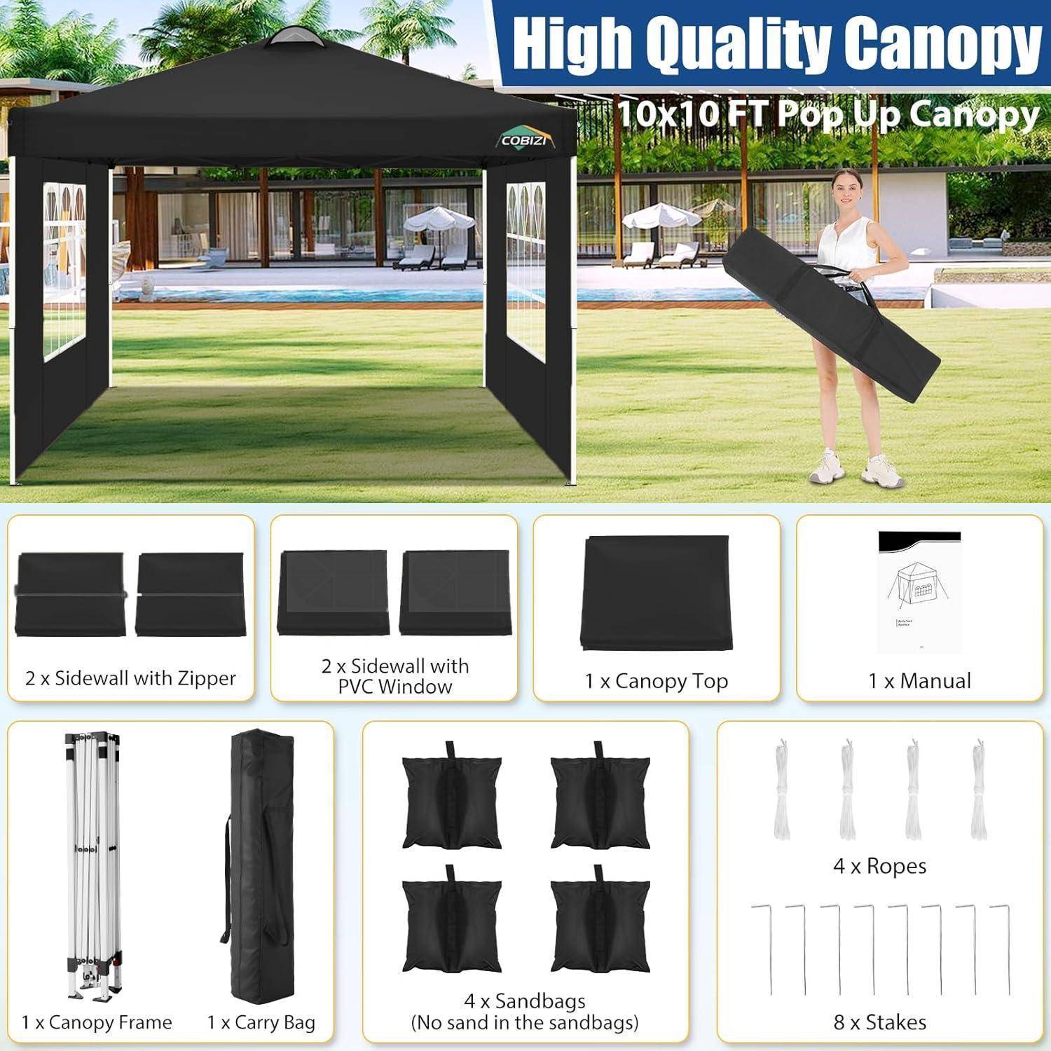 Werbebild eines „High Quality Canopy" 10x10 ft Pop-up-Zelts mit dem zusammengebauten schwarzen Baldachin, einer Person, die ihn trägt, und den enthaltenen Teilen: Seitenwände, Baldachindach, Gestell, Tragetasche, Sandsäcke, Seile, Heringe und Bedienungsanleitung.