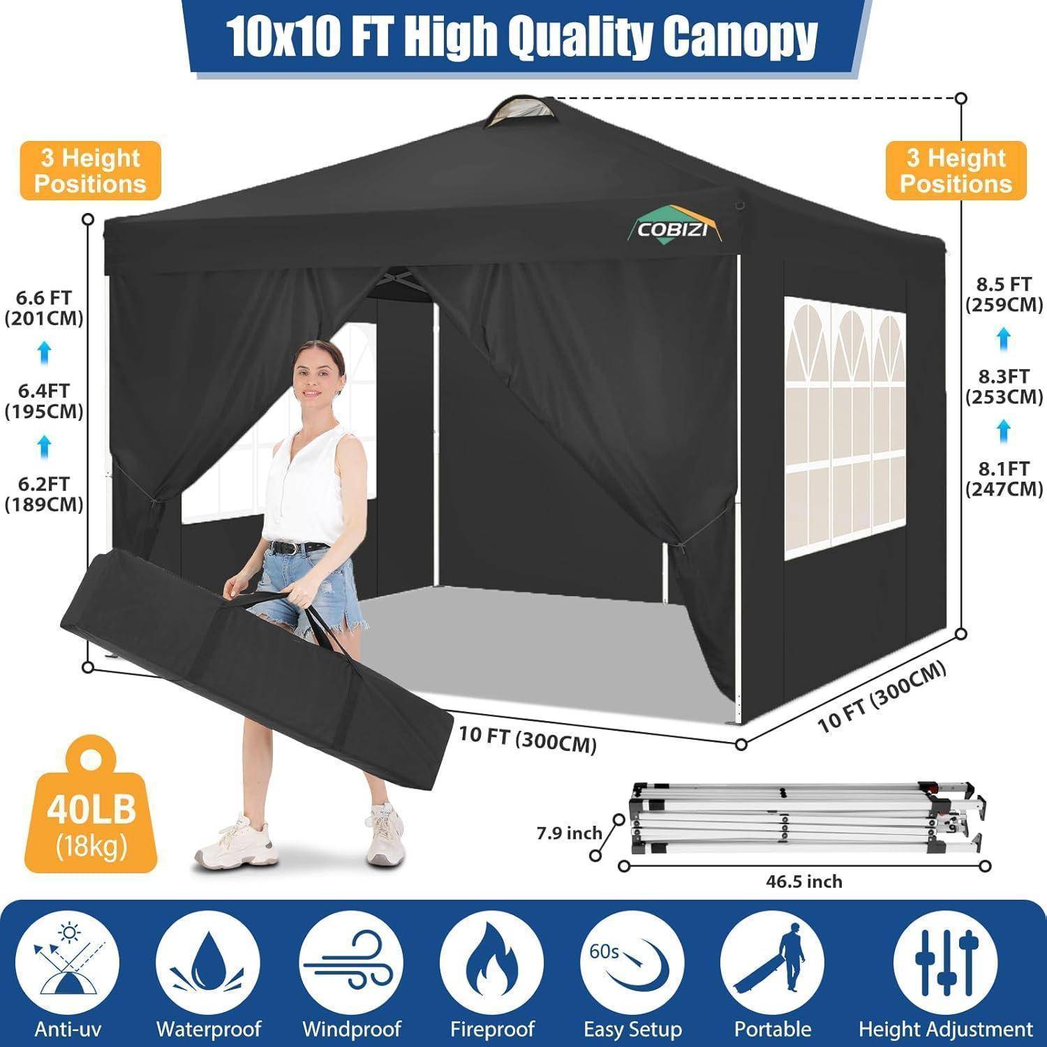 10x10 ft schwarzes Pop-up-Zeltdach mit Seitenwänden, drei Höheneinstellungen, 40 lb Gewicht, einfache Montage und UV-, wasserdicht, winddicht und feuerfest.
