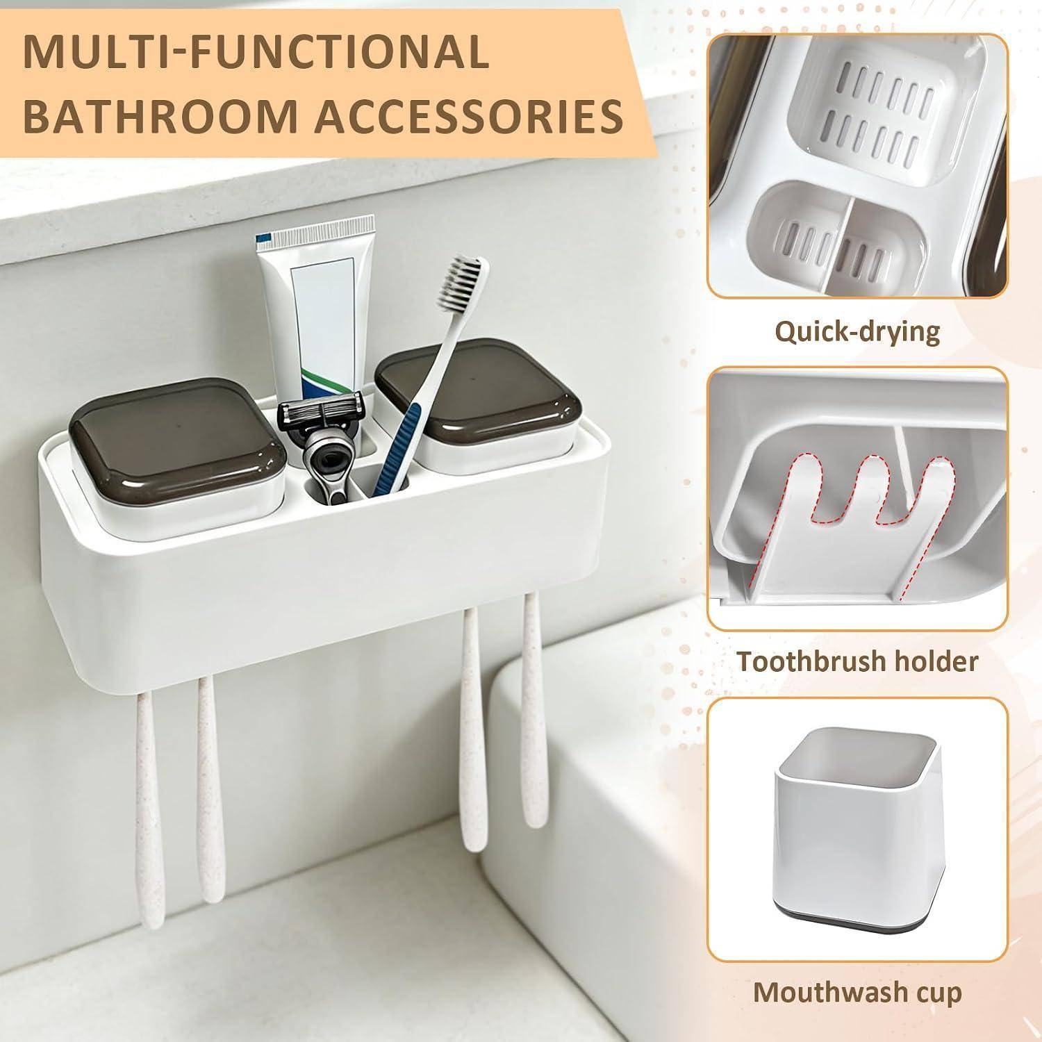 Multifunktionelles Badezimmeraccessoire-Set auf einem Wandregal, das Zahnpasta, Zahnbürsten, einen Rasierer und zwei Behälter mit Deckel hält; die Ausschnittsvergrößerung zeigt das schnelltrocknende Design, den Zahnbürstenhalter und den Mundwasserbecher.