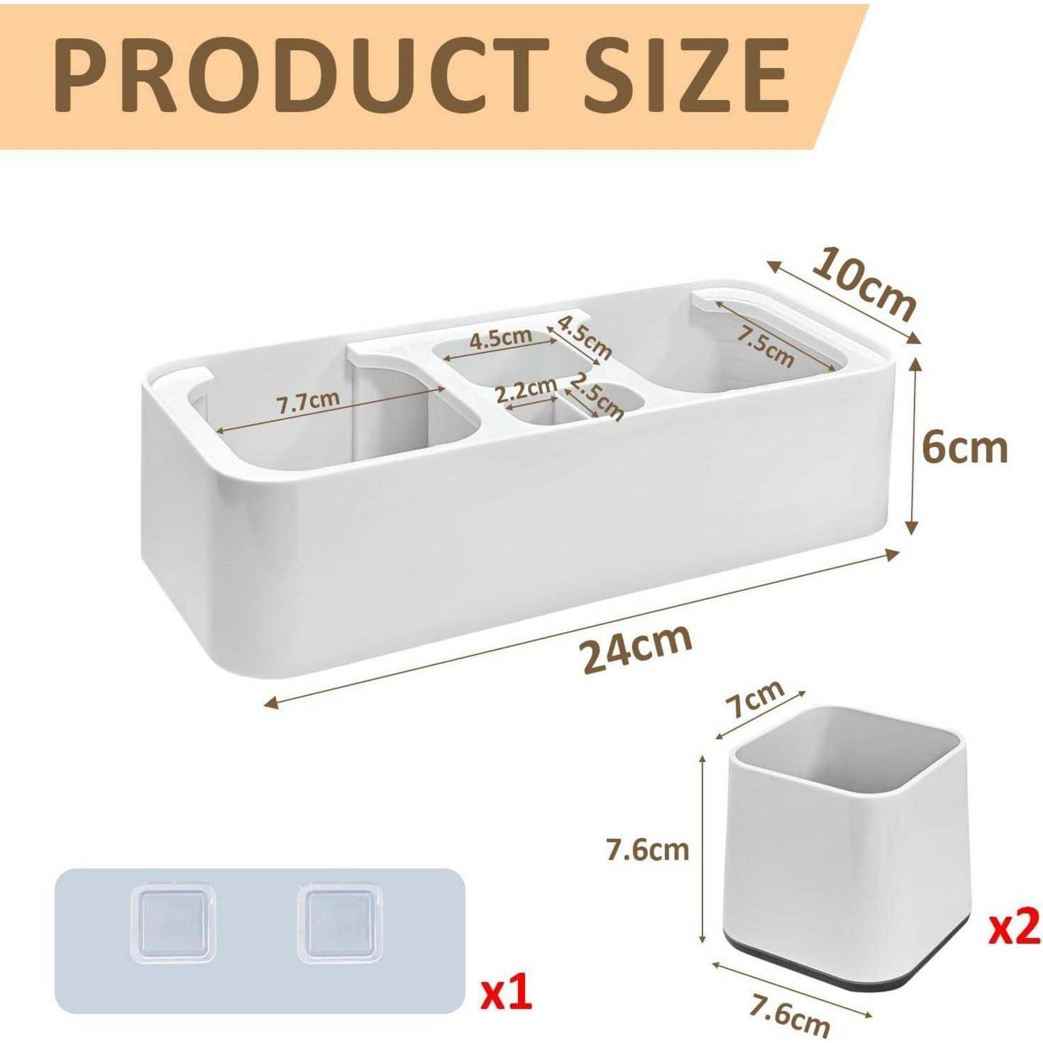 Produktgrößen-Diagramm eines weißen rechteckigen Organizers: 24 cm lang, 10 cm breit, 6 cm hoch, mit zwei 7,7 cm Fächern und einem kleinen mittleren Abschnitt; enthält x1 Basis und x2 Behälter mit den Abmessungen 7,6 cm mal 7,6 cm mal 7,6 cm Höhe.