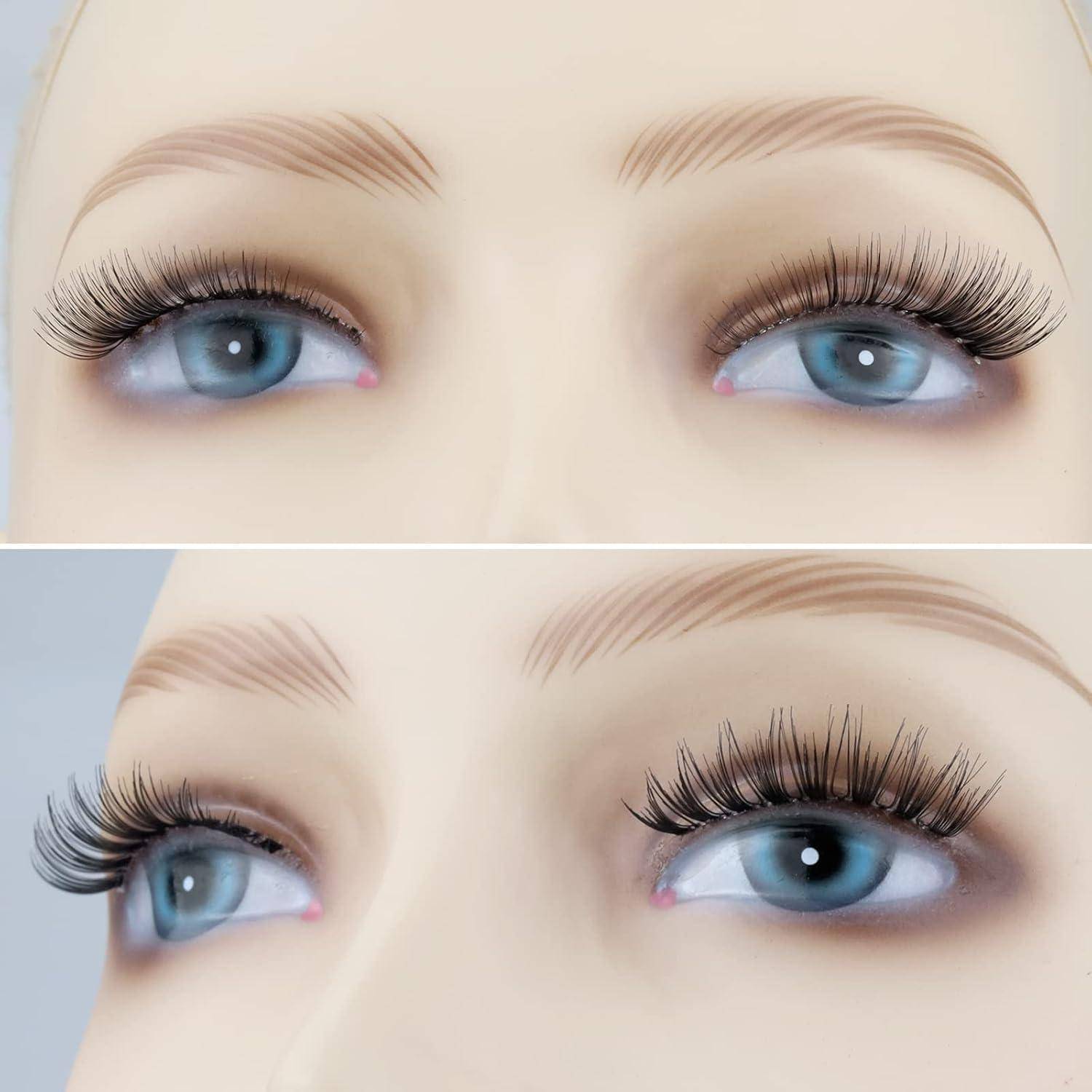Vergleich von zwei Nahaufnahmen von Augen mit Wimpernverstärkung, wobei das untere Bild einen dramatischeren lockigen Wimpernlook zeigt.