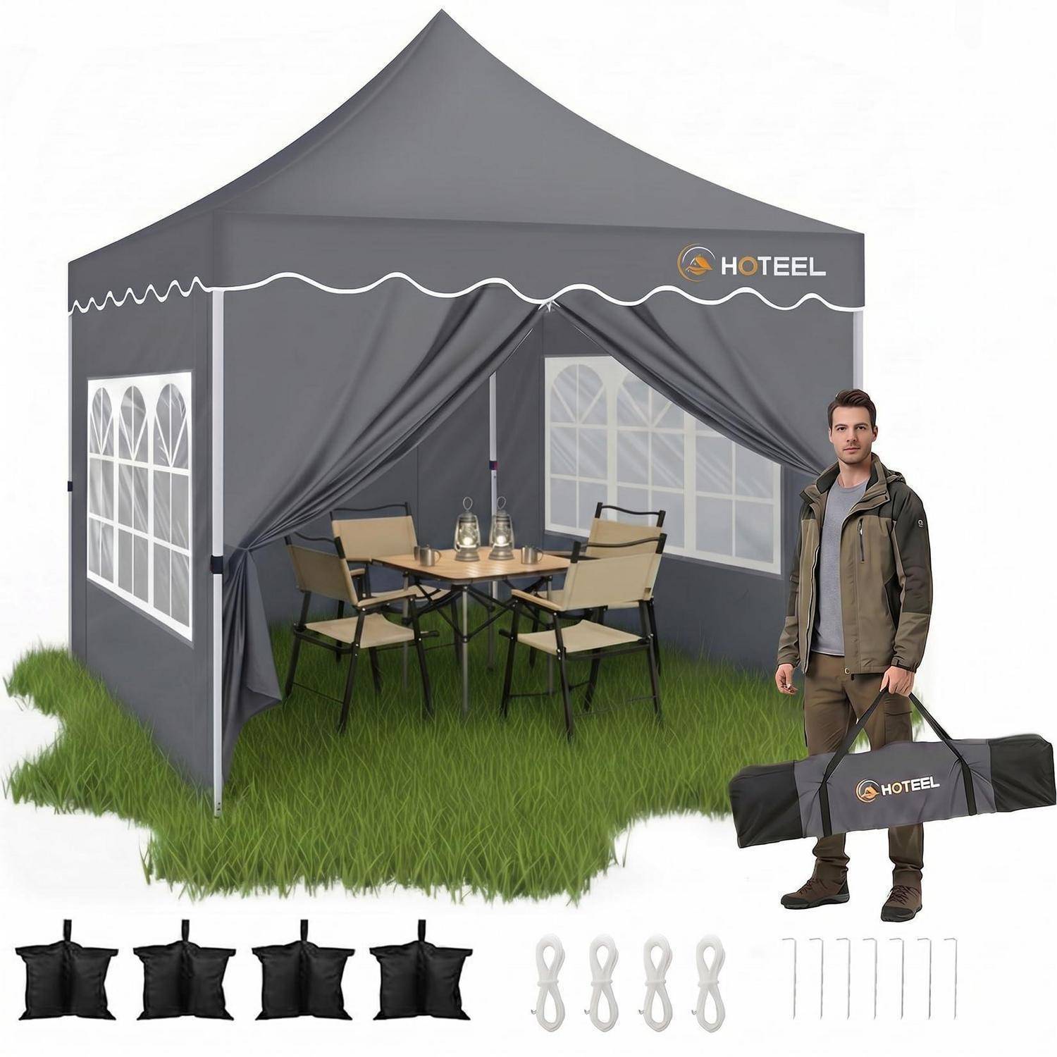 Tragbares graues Gazebo-Zelt mit Fenstern und Vorhängen, zeigt Außensitzplätze im Inneren und einen Mann, der die gepackte Zelttasche trägt; Heringe und Riemen sind unten abgebildet.