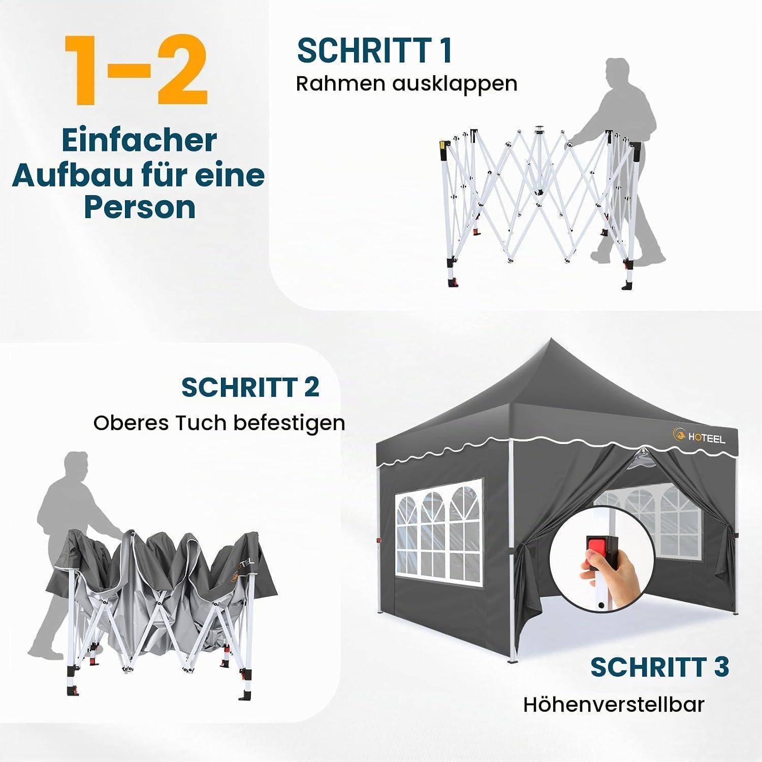 HOTEEL Faltpavillon 3x3 Wasserdicht Stabil mit 4 Seitenwänden (Grau) | Pop Up Pavillon, UV Schutz 50+, Einfach Verdicktem Rahmen, für Hochzeiten, Pa