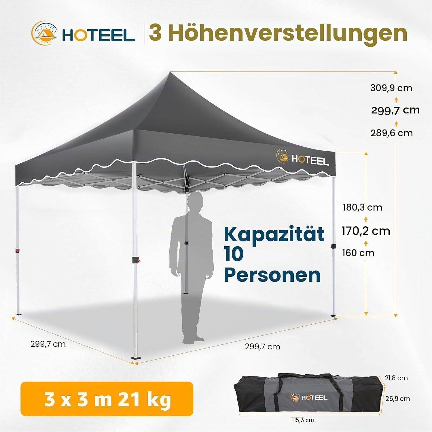 Grafik eines HOTEEL 3x3 m Pop-up Pavillon-Zelts mit '3 Höhenverstellungen', Kapazität für 10 Personen, und Größen-/Gewichtsspezifikationen: 3 x 3 m, 21 kg.