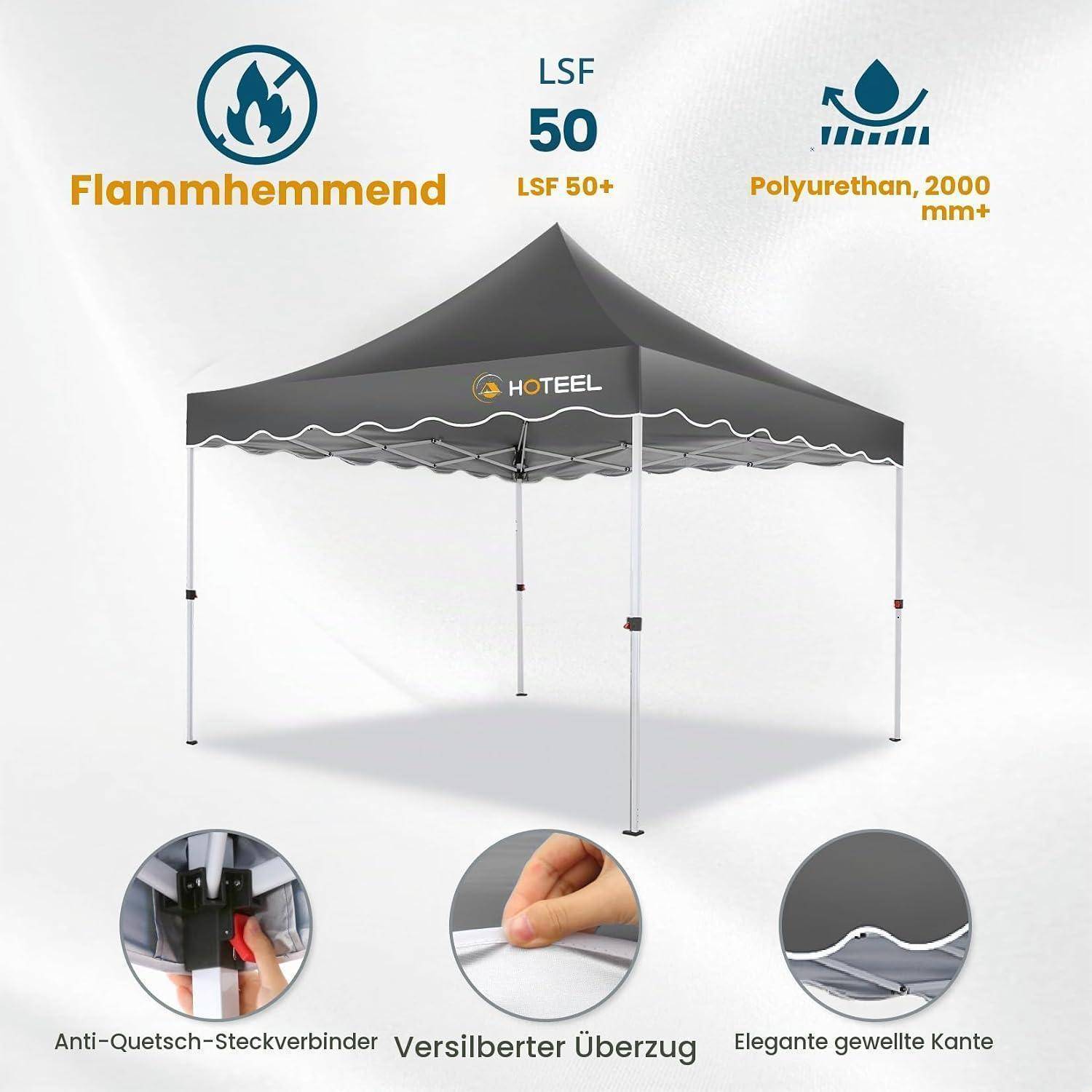 Schwarzes Pop-up-Pavillon-Zelt mit Satteldach, gekennzeichnet mit HOTEEL, mit Hervorhebung der Flammschutzbeständigkeit, UV-Schutz und rutschsicheren Verbindern mit Silberbeschichtung und gewellten Kantendetails.
