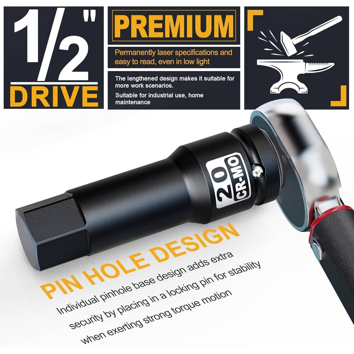 Produktbild eines 1/2-Zoll-Antriebsadapters für Steckschlüssel in Premium-Qualität mit Pin-Loch-Design, gekennzeichnet mit 20 CR-MO, abgebildet mit einem Schlagwerkzeug.