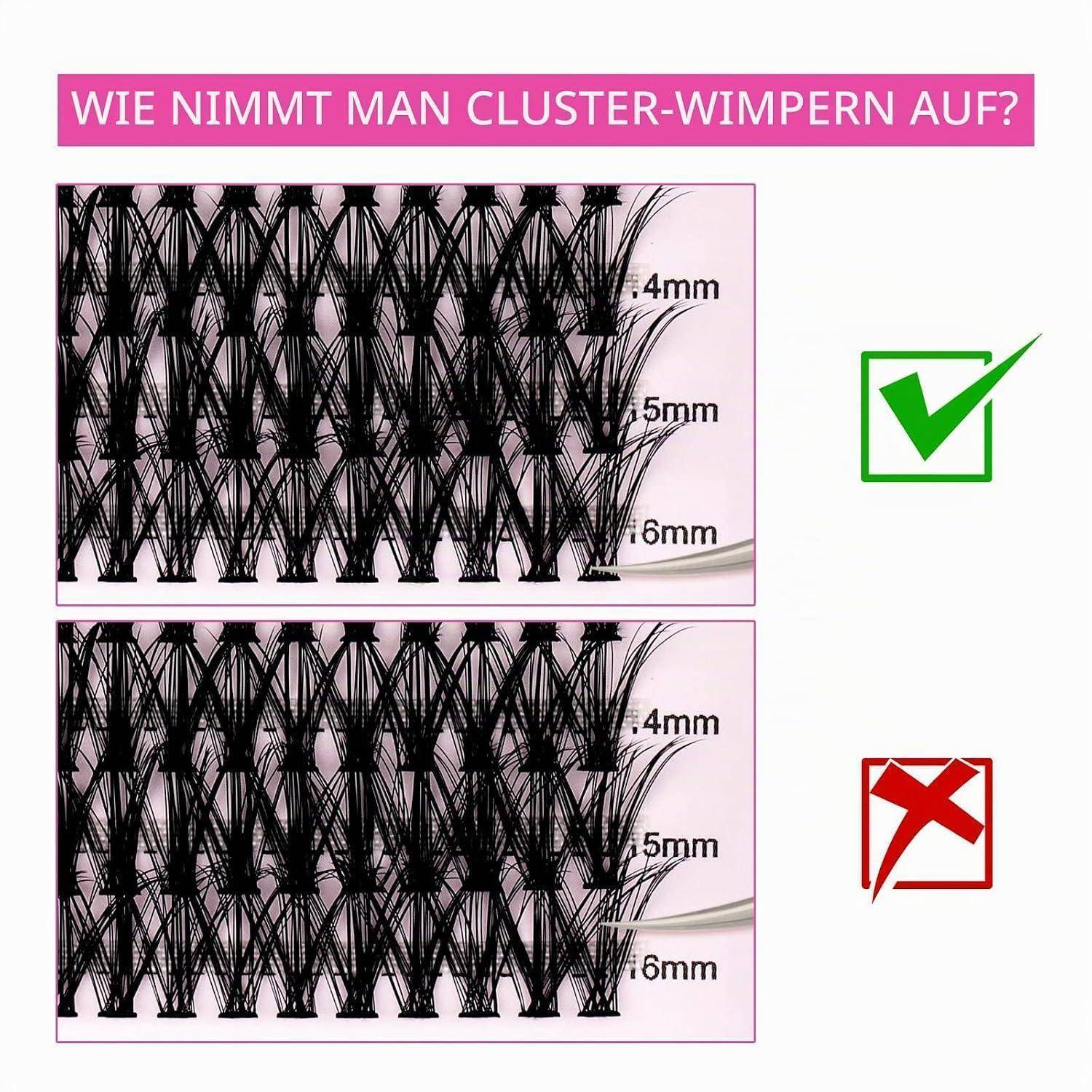 Grafik zeigt, wie man Cluster-Wimpern anbringt, mit oberem Beispiel in Grün als richtig gekennzeichnet und unterem Beispiel in Rot als falsch gekennzeichnet; Dicke mit 4 mm, 5 mm und 6 mm gekennzeichnet.