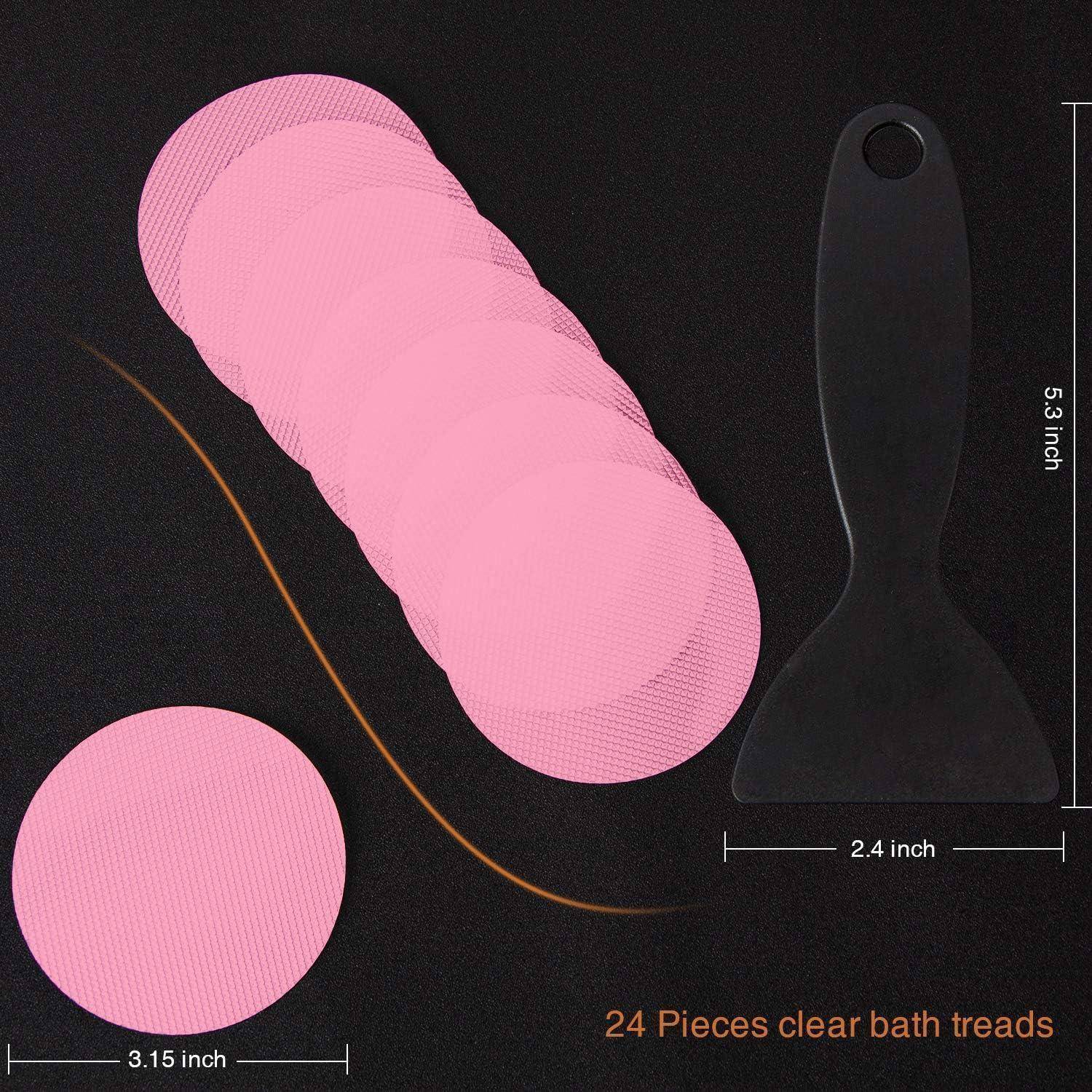 Produktbild von rosa runden Peeling-Badepads mit einem schwarzen Halter, mit 24 Stück gekennzeichnet; Abmessungen angegeben als 3,15 Zoll breit und 5,3 Zoll hoch.