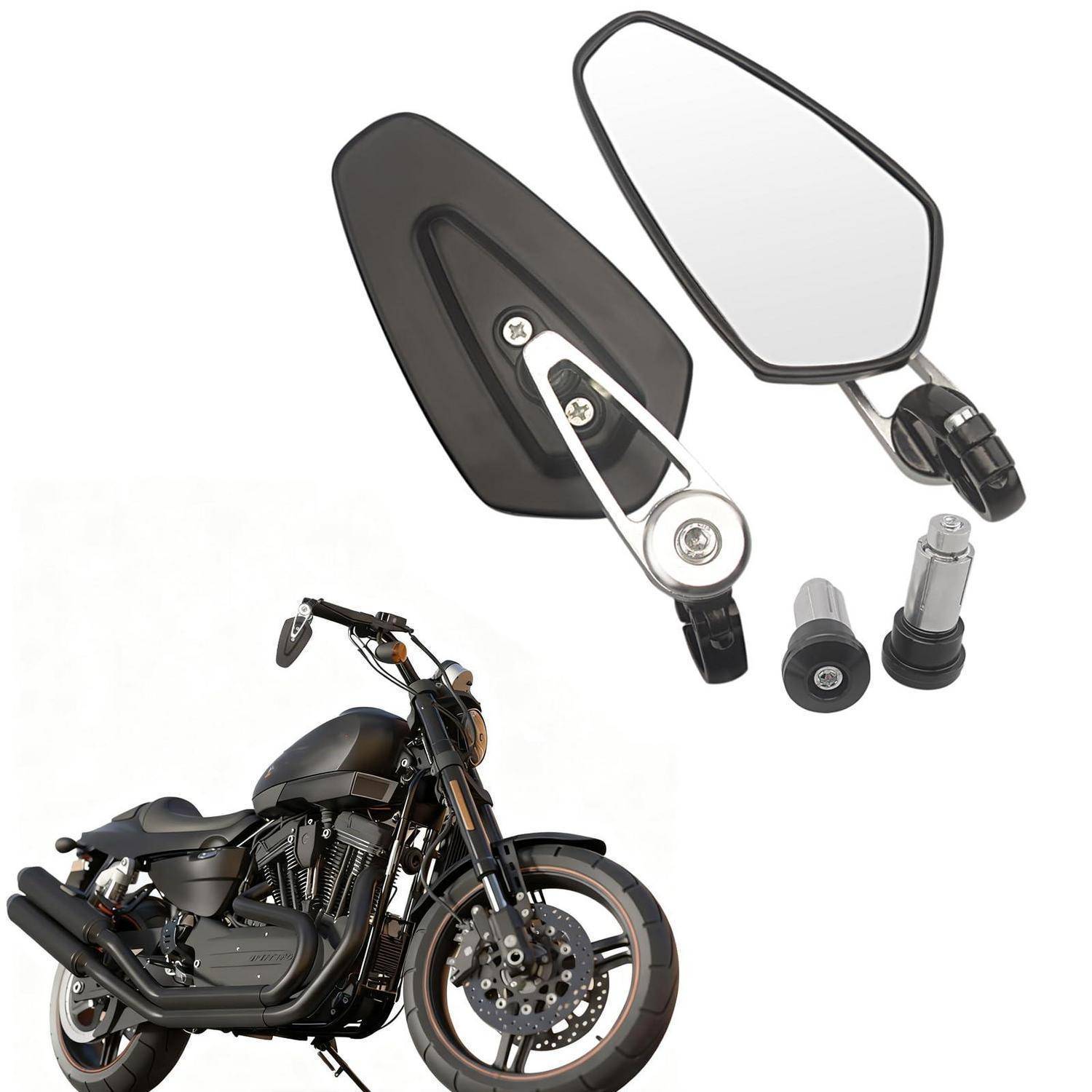 Motorrad-Seitenspiegel mit Montagezubehör dargestellt, neben einem schwarzen Cruiser-Motorrad zum Vergleich.