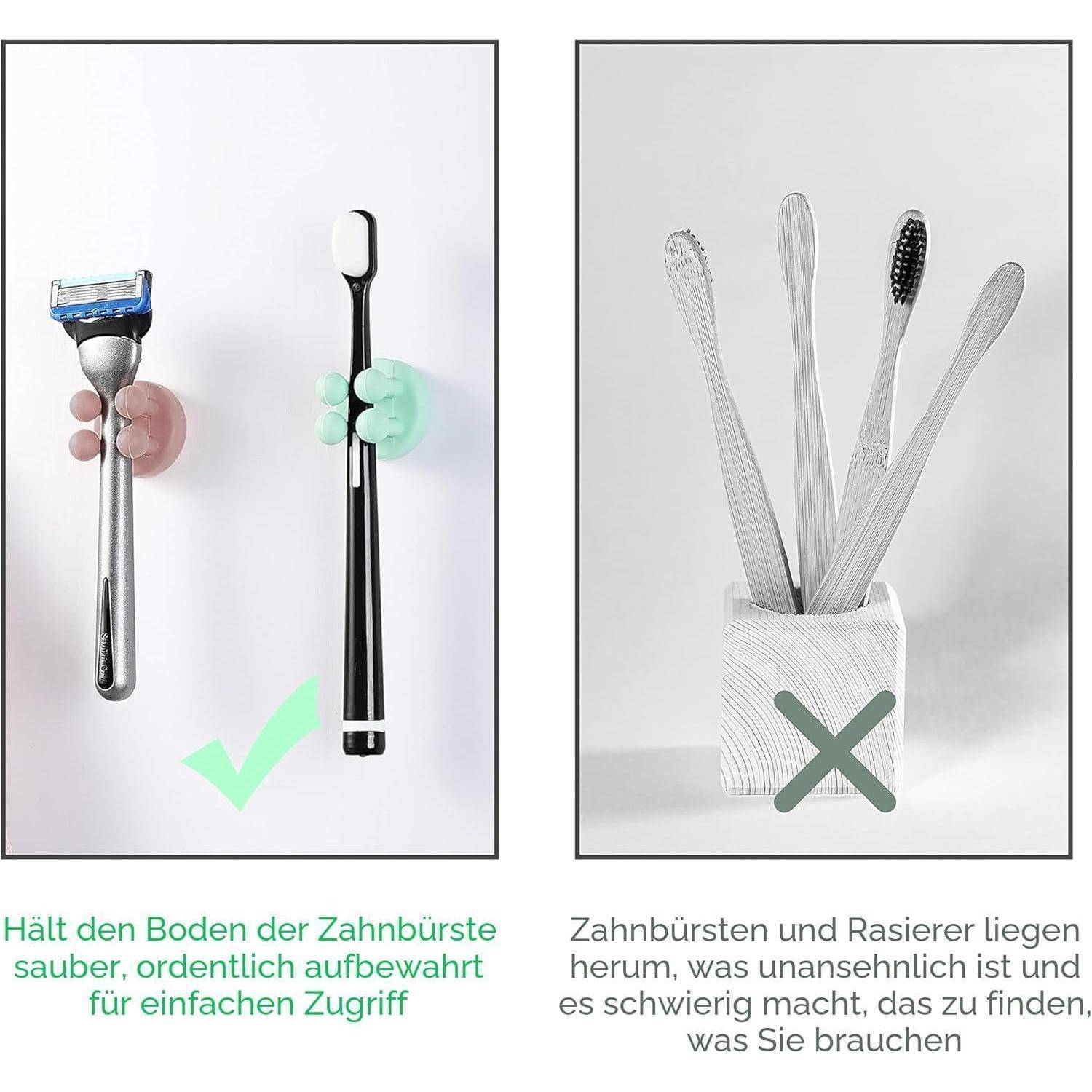 Vergleichsgrafik: Ein Rasierer und eine Zahnbürste mit einem Saugnapfhalter halten den Boden sauber und sind leicht zu erreichen, während eine Tasse mit Zahnbürsten und ein flach liegender Rasierer als unerwünscht gekennzeichnet ist.