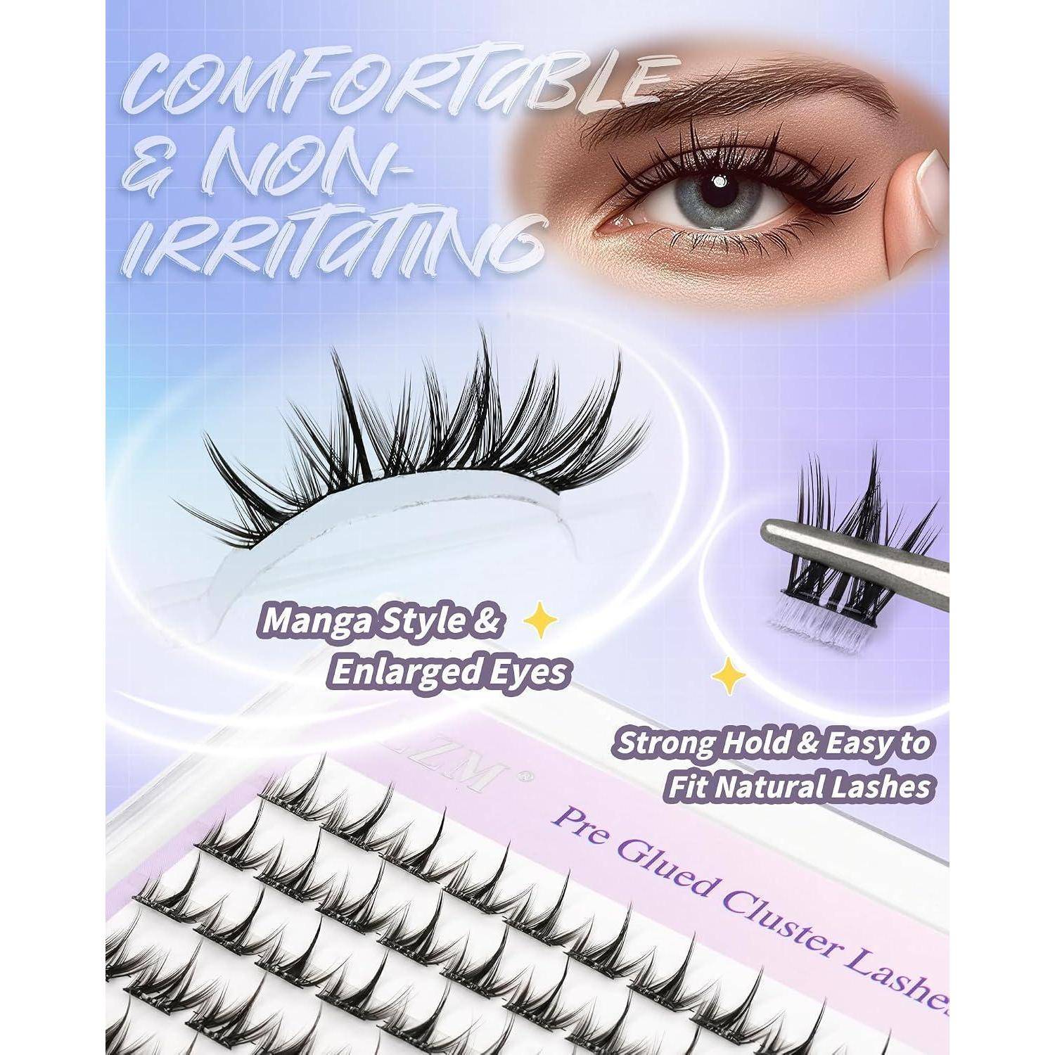 Werbegrafica für vorgeklebte Cluster-Wimpern mit Hervorhebung von „bequem und nicht reizend