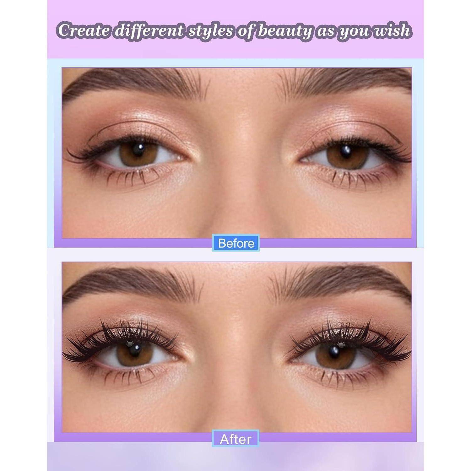 Vorher-und-Nachher-Nahaufnahme von Augen, die geschöntes Beauty-Make-up zeigt, mit längeren und dichteren Wimpern im Nachher-Bild.