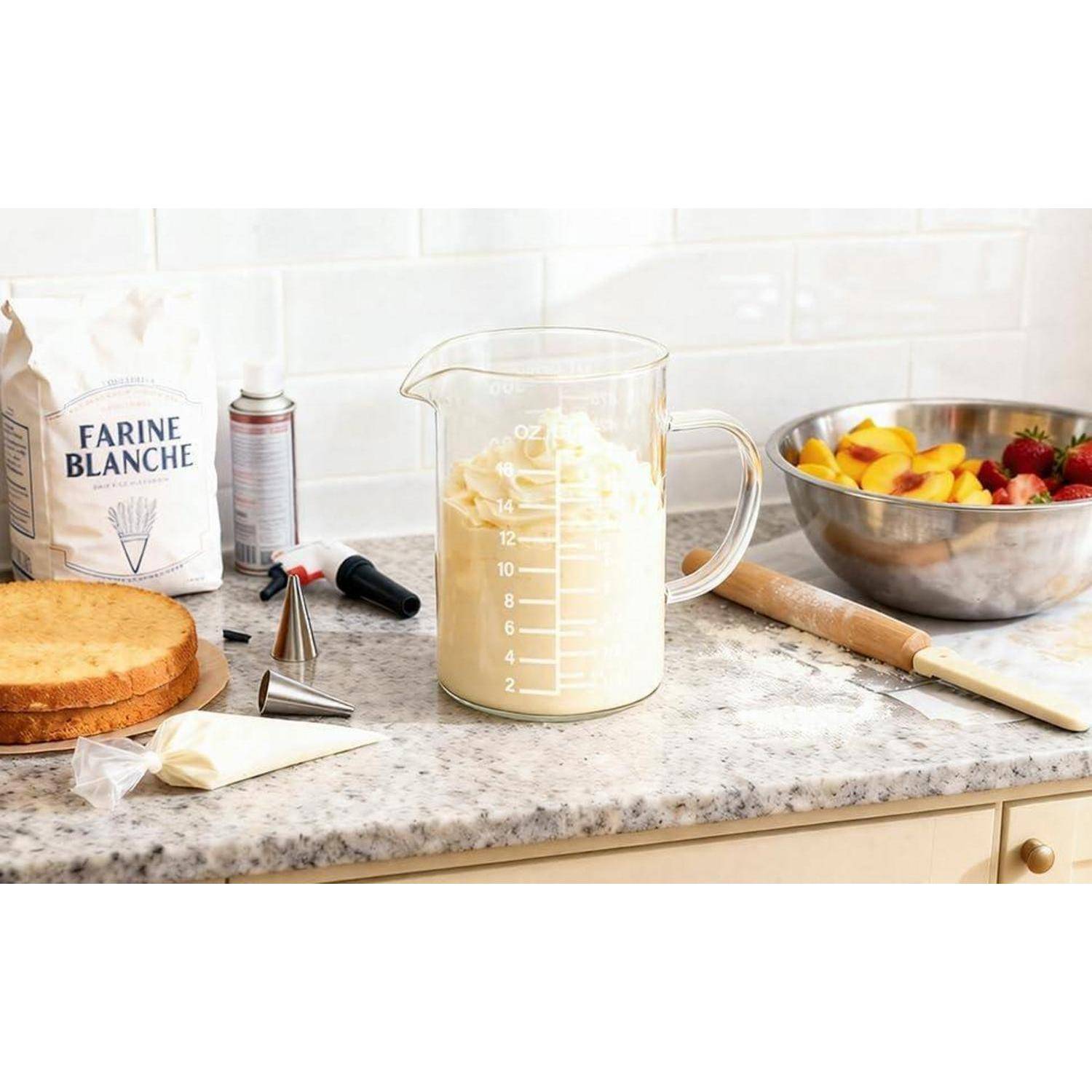Bäckerei-Setup auf einer Küchentheke mit Mehl, Spritztüllen, Messbehälter mit Teig, Kuchenschichten und Schüssel mit geschnittenen Pfirsichen und Erdbeeren.