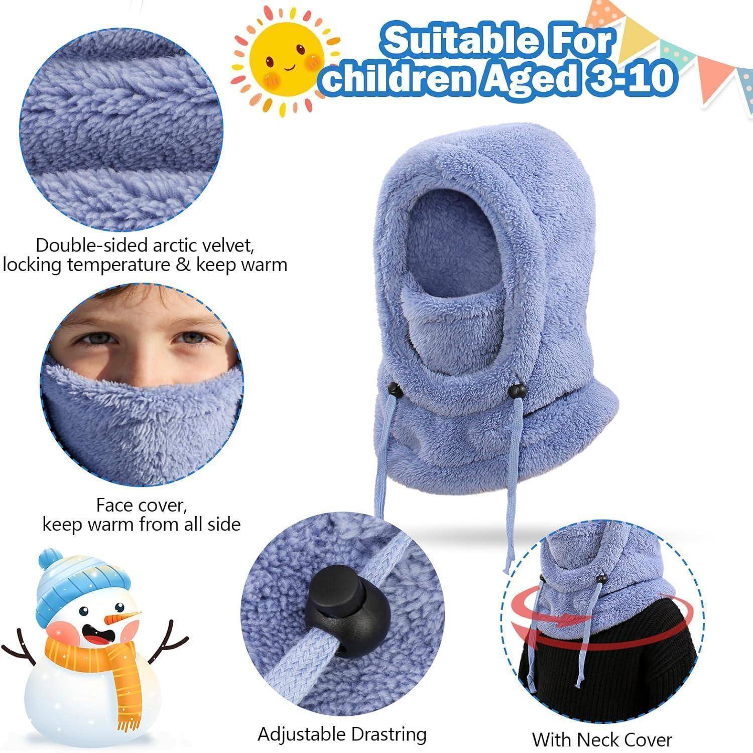 Produktbild einer blauen Fleece-Sturmhaube für Kinder im Alter von 3-10 Jahren, die Gesichtsschutz, Nackenschutz, verstellbare Zugschnur und warmes doppelseitiges Gewebe zeigt.