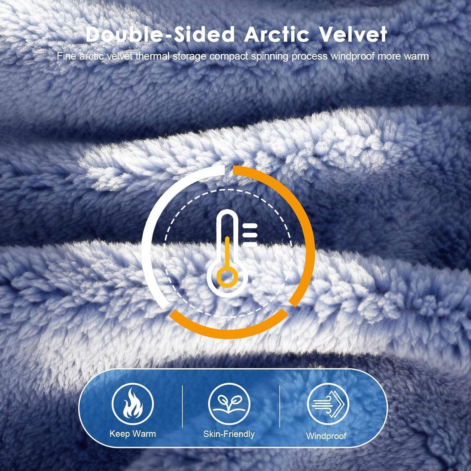 Werbegrafik aus weichem blauem Fleece mit der Bezeichnung „Double-Sided Arctic Velvet" und Hervorhebung von Wärmewirkung, hautfreundlichem Komfort und winddichtem Schutz mit einem Thermometersymbol und Funktionsabzeichen.