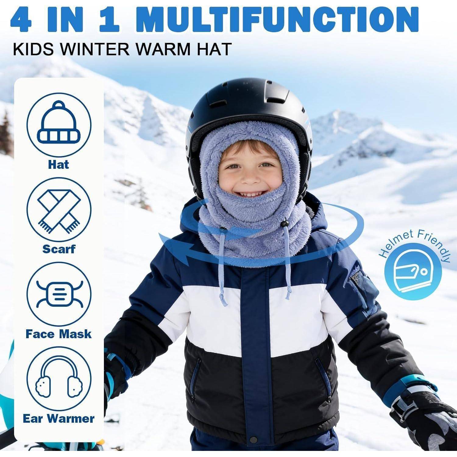 Kind in Winterausrüstung, das eine Multifunktionsmütze trägt, die als Mütze, Schal, Gesichtsmaske und Ohrwärmer verwendet wird; „4 in 1 Multifunktions-Kinderwintermütze".