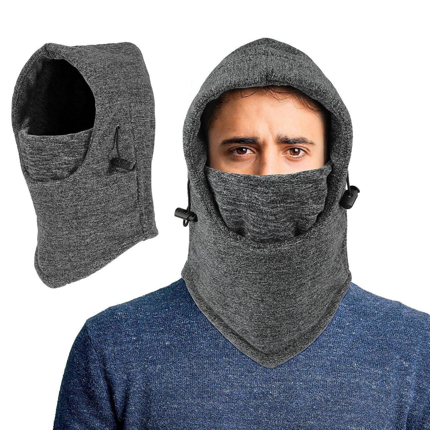 Graue Kapuzengesichtsmaske, gezeigt an einem Mann und als eigenständiges Produkt, bedeckt den Kopf, Nacken und das untere Gesicht zum Schutz bei kaltem Wetter.