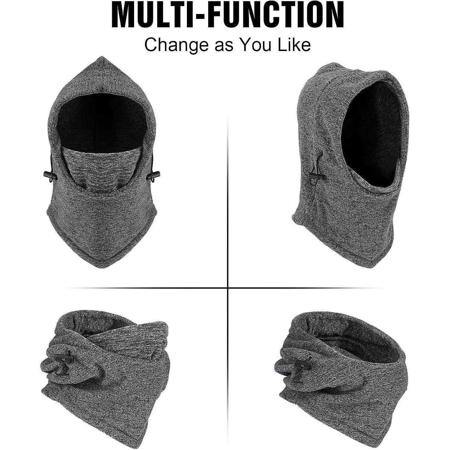 Produktbild zeigt eine graue Multifunktions-Kapuzen-Gesichtsmaske/Schal in vier Trageweisen mit dem Text „MULTIFUNKTION" und „Ändere wie du möchtest"".