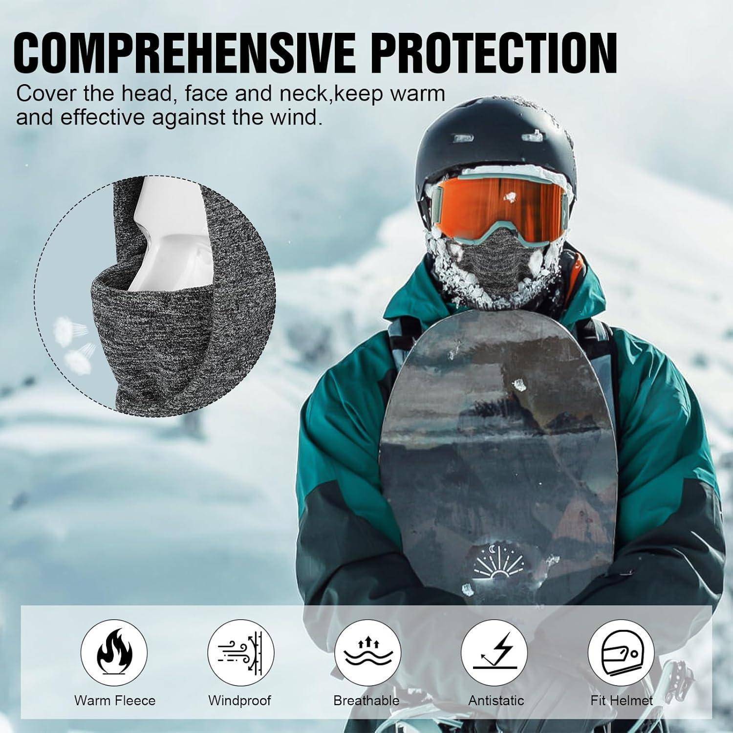 Snowboarder mit Helm und Schutzbrille mit Gesichtsbedeckung, dargestellt als Schutzhaube für kaltes Wetter; Text sagt „UMFASSENDER SCHUTZ" und hebt warmes Fleece, winddicht, atmungsaktiv, antistatisch, Helmpassform hervor.
