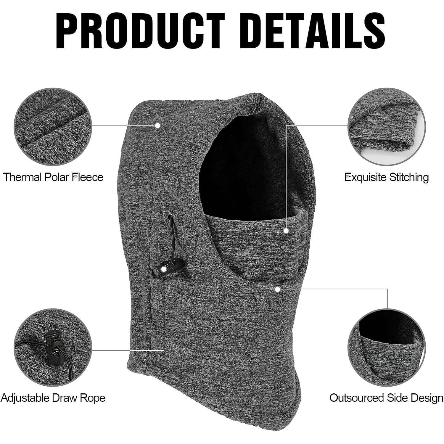 Produktdetail-Grafik einer grauen Wärmefleece-Sturmhaube mit hervorgehobener exquisiter Näharbeit, verstellbarem Zugband und übergroßem Seitendesign.