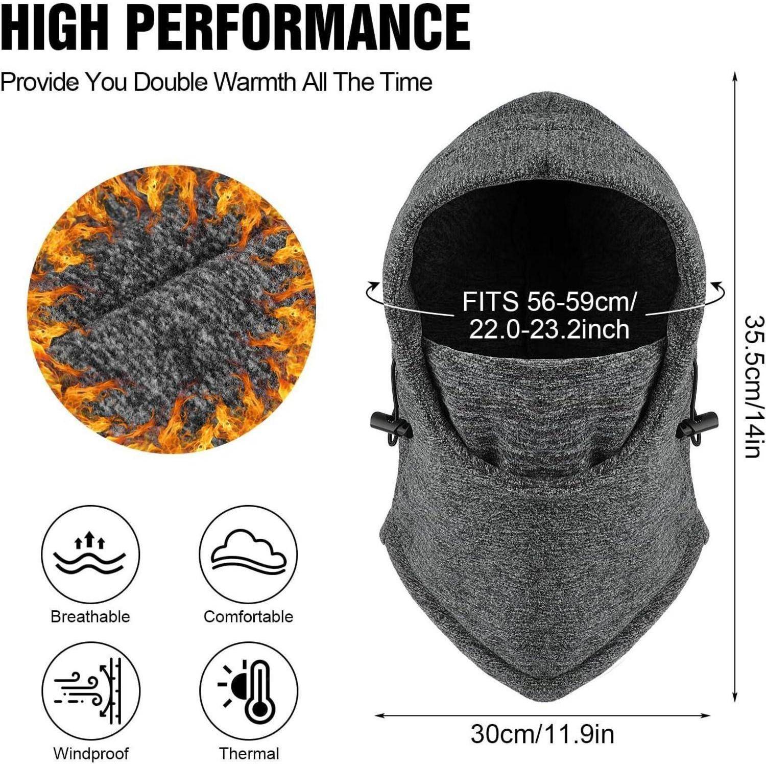 Produktbild einer grauen Wärme-Sturmhaube, mit den Aufschriften „HIGH PERFORMANCE" und „Bietet Ihnen jederzeit doppelte Wärme"", mit Größe 56-59 cm und Symbolen für atmungsaktiv, bequem, winddicht und wärmespeichernd.