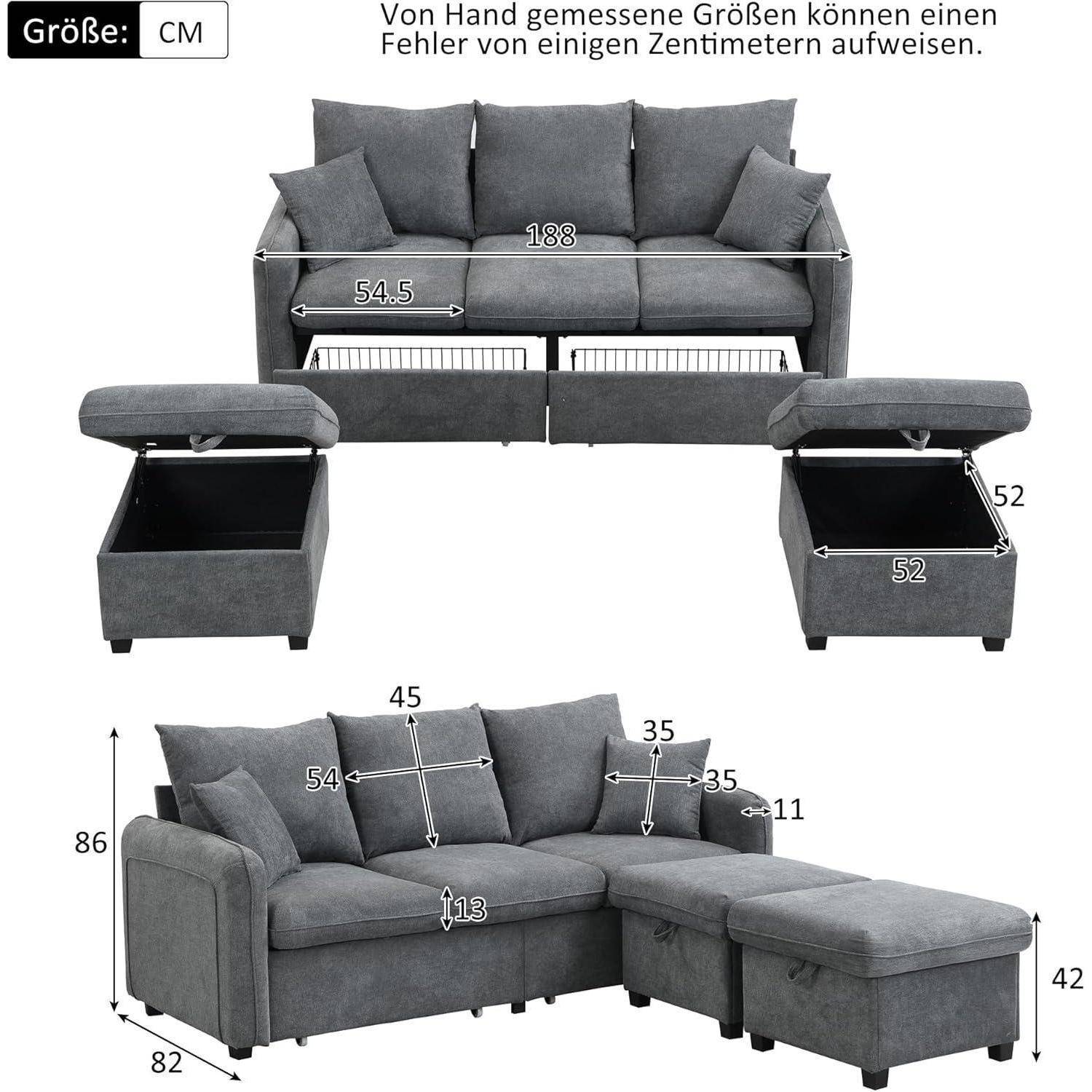 Graues Klapp-Eck-Sofa mit Ottomane Speicherfunktion mit Abmessungen in Zentimetern, einschließlich Sofabreite 188 cm, Sitztiefen und Höhenmessungen.