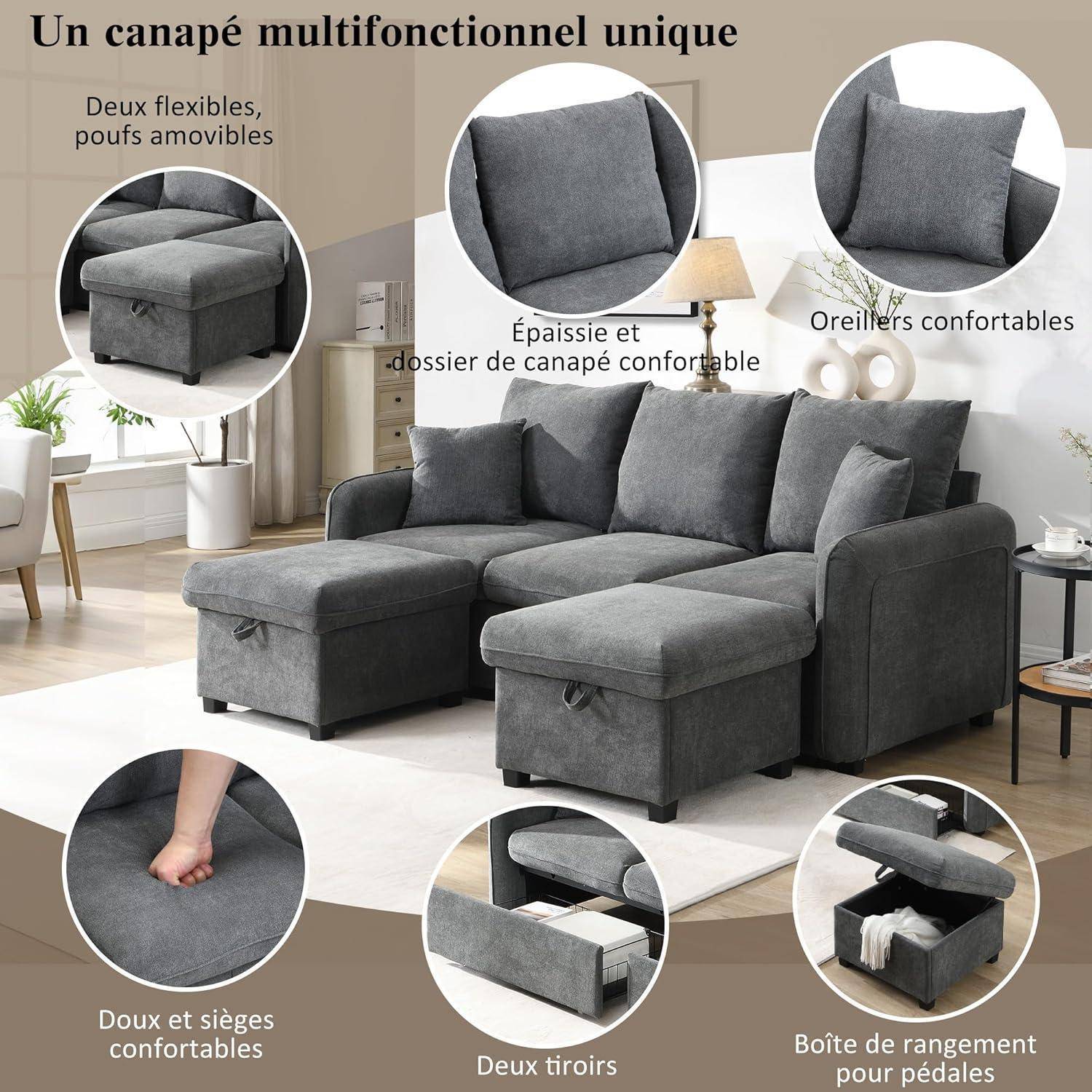 Graues Multifunktions-Ecksofa mit zwei Ottomanen und Schubladen für Stauraum, dargestellt mit Beschriftungen, die abnehmbare Kissen, komfortable Rückenlehne und Armlehnen, weiche Sitze und Aufbewahrungsbox hervorheben.