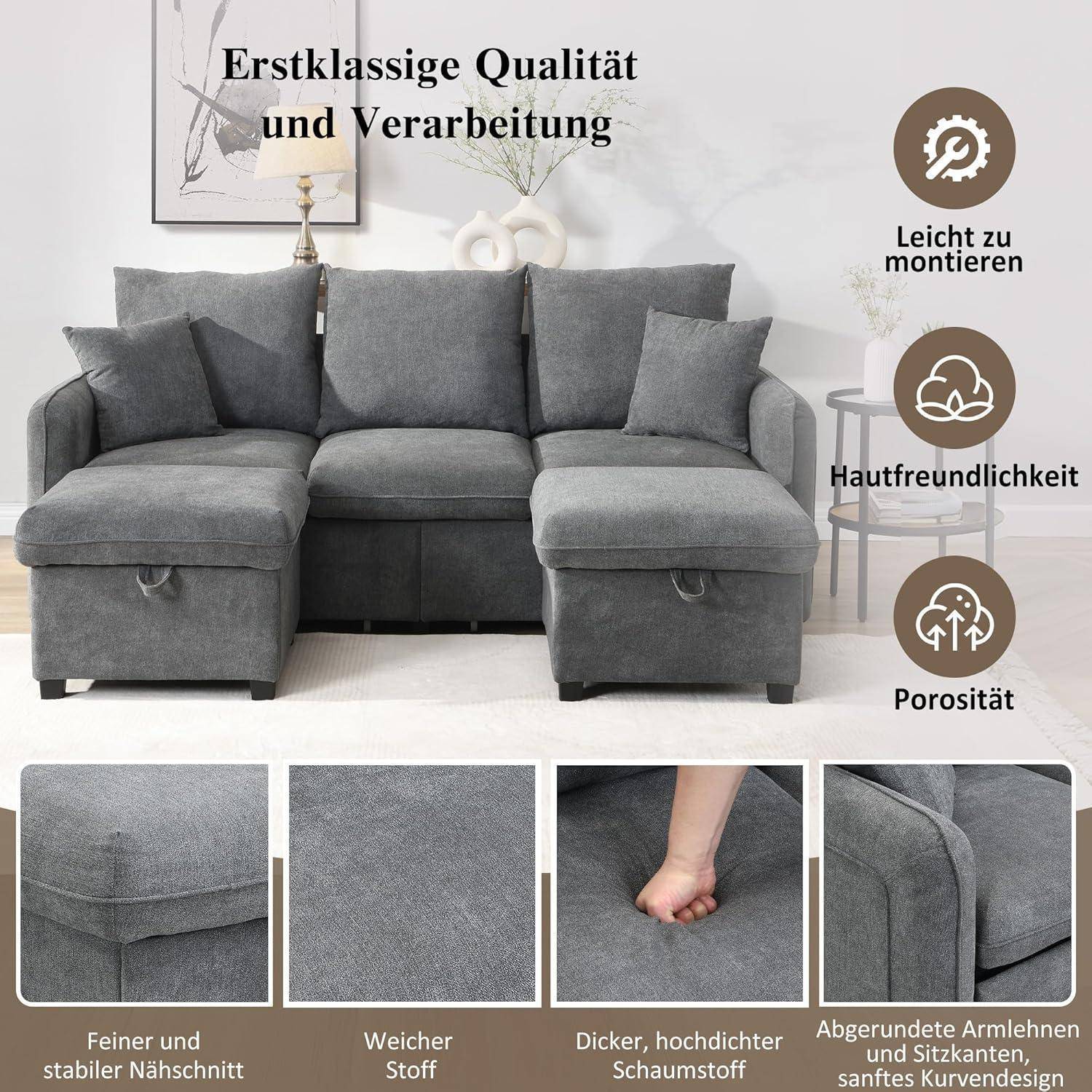 Graues Ecksofa mit Chaiselongue in einem hellen Raum, gekennzeichnet als hochwertig und leicht zu montieren, hautfreundlich, atmungsaktiv, mit Nahaufnahmen von Stoff- und Nähdetails.