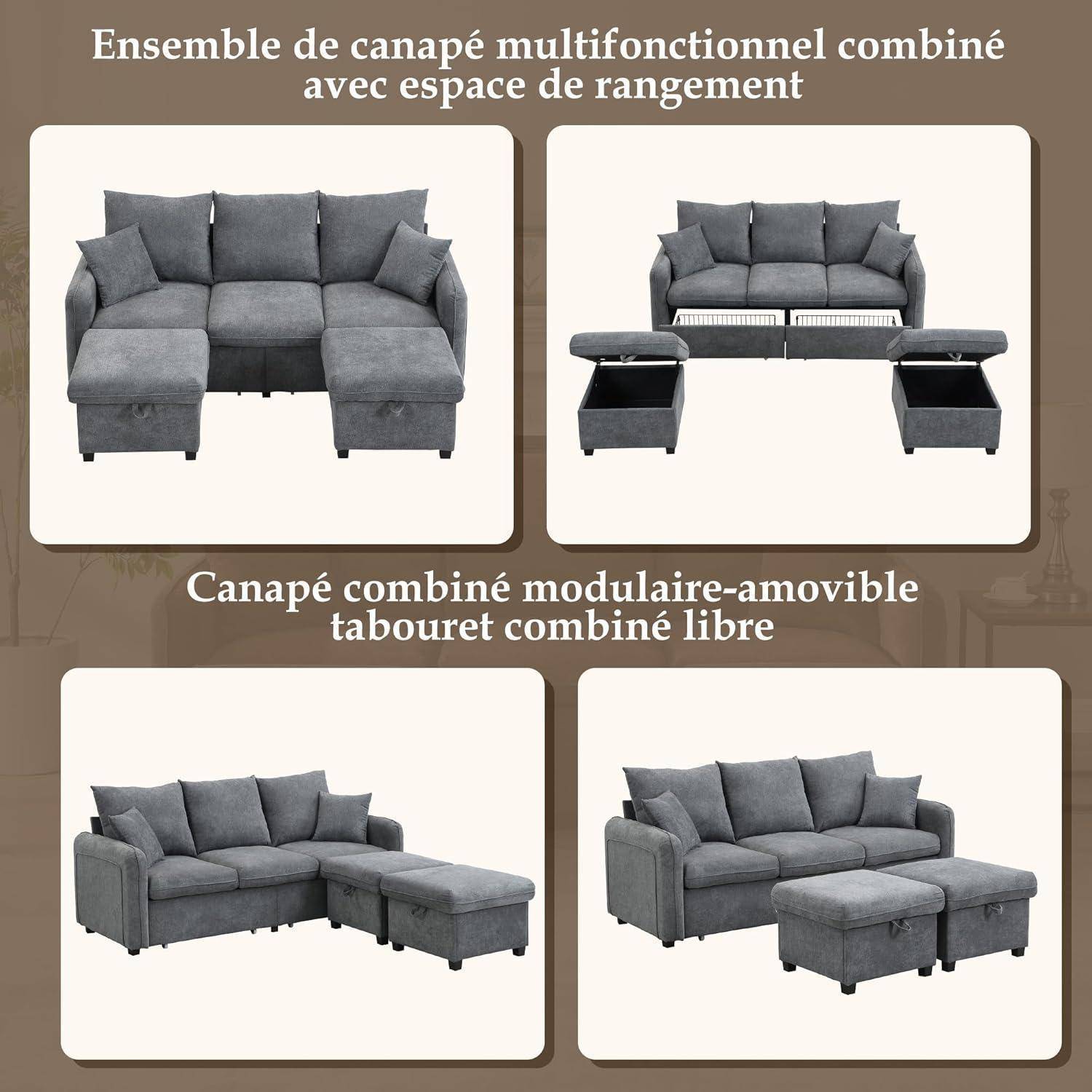 Grafik mit einem grauen modularen Sofa mit beweglichen Ottomanen, angeordnet in vier Konfigurationen, um integrierten Stauraum und flexible Sitzmöglichkeiten zu illustrieren.